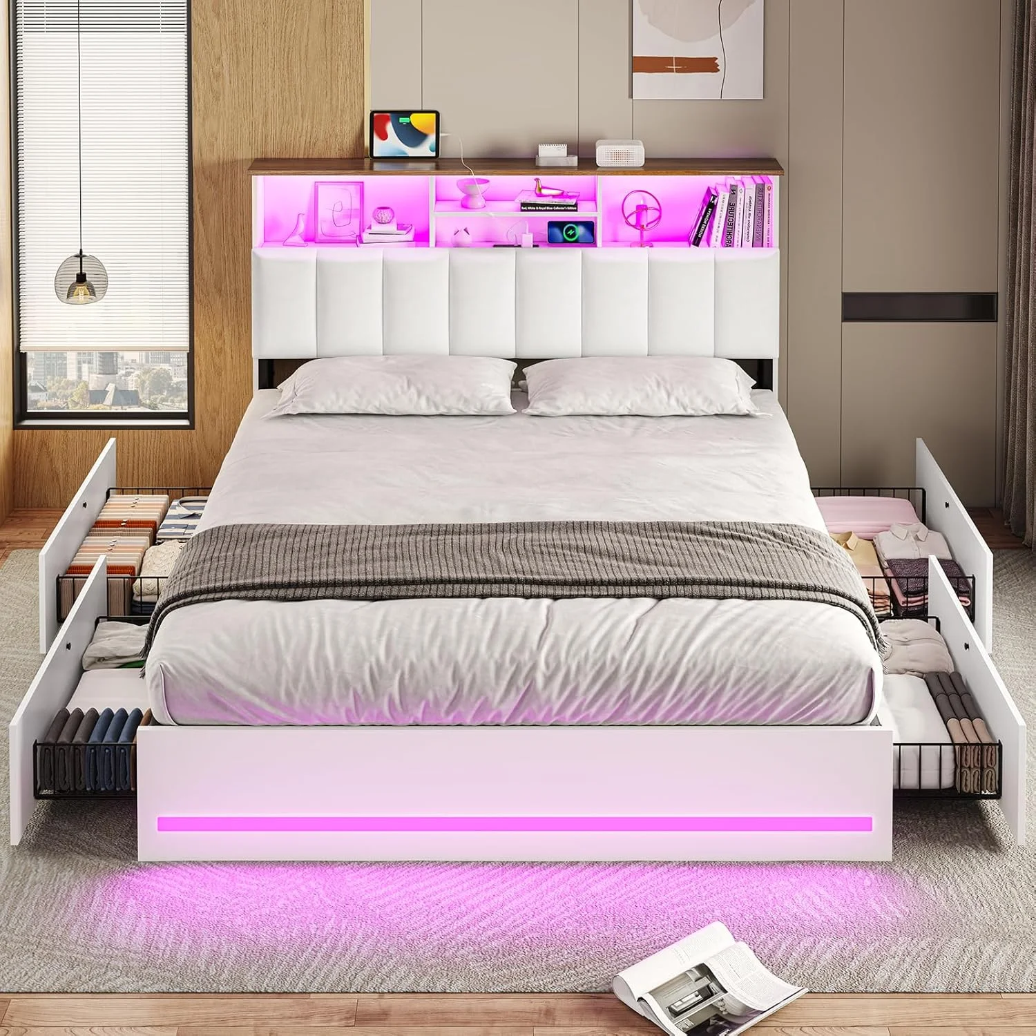 AOGLLATI Upholstered Platform Twin Bed with 4 Storage Drawers & Charging Station & LED Lights, Black - Image 12