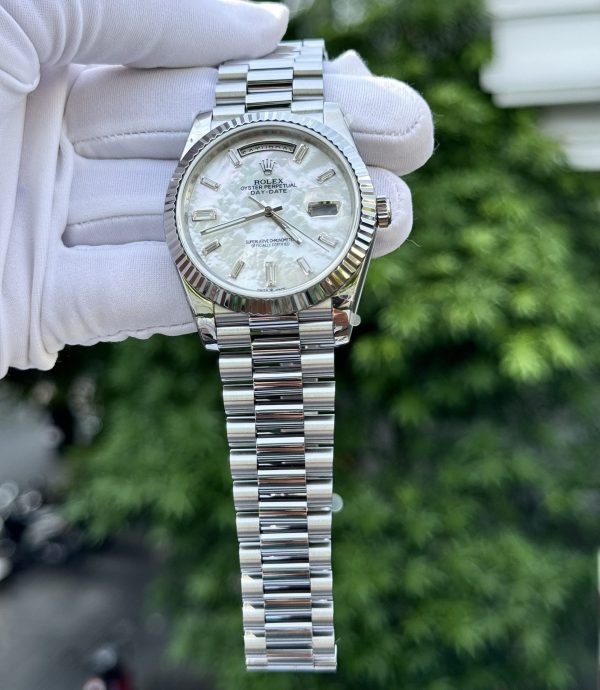 Rolex Day-Date Replica Watch Custom Mother Of Pearl   Moissanite Diamonds Baguetee 40mm - Elite Watch Atelier