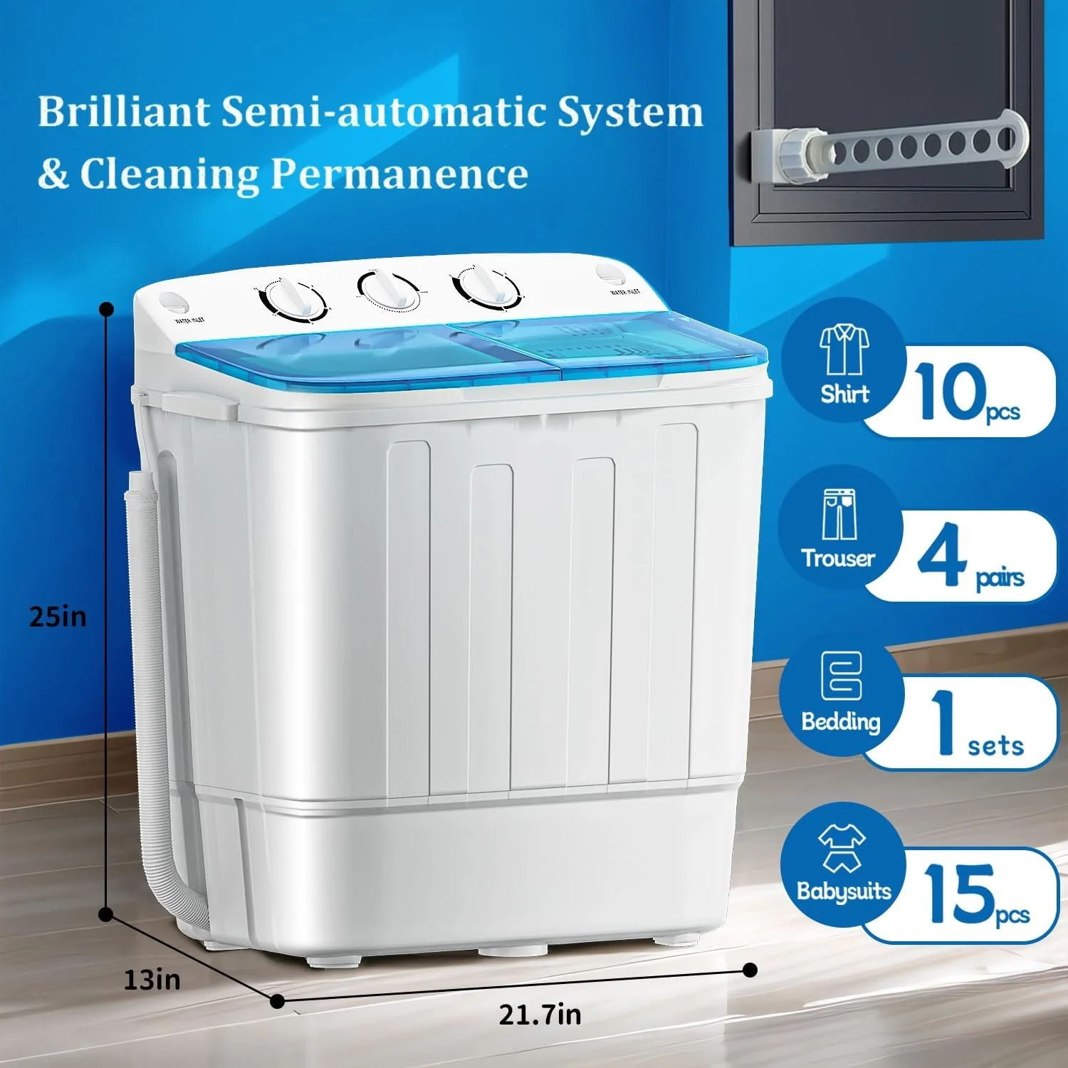 Dimedeal Portable 18lbs Twin Tub Mini Washing Machine, 11lbs Washer & 7lbs Spinner with Drying Rack & Hangers