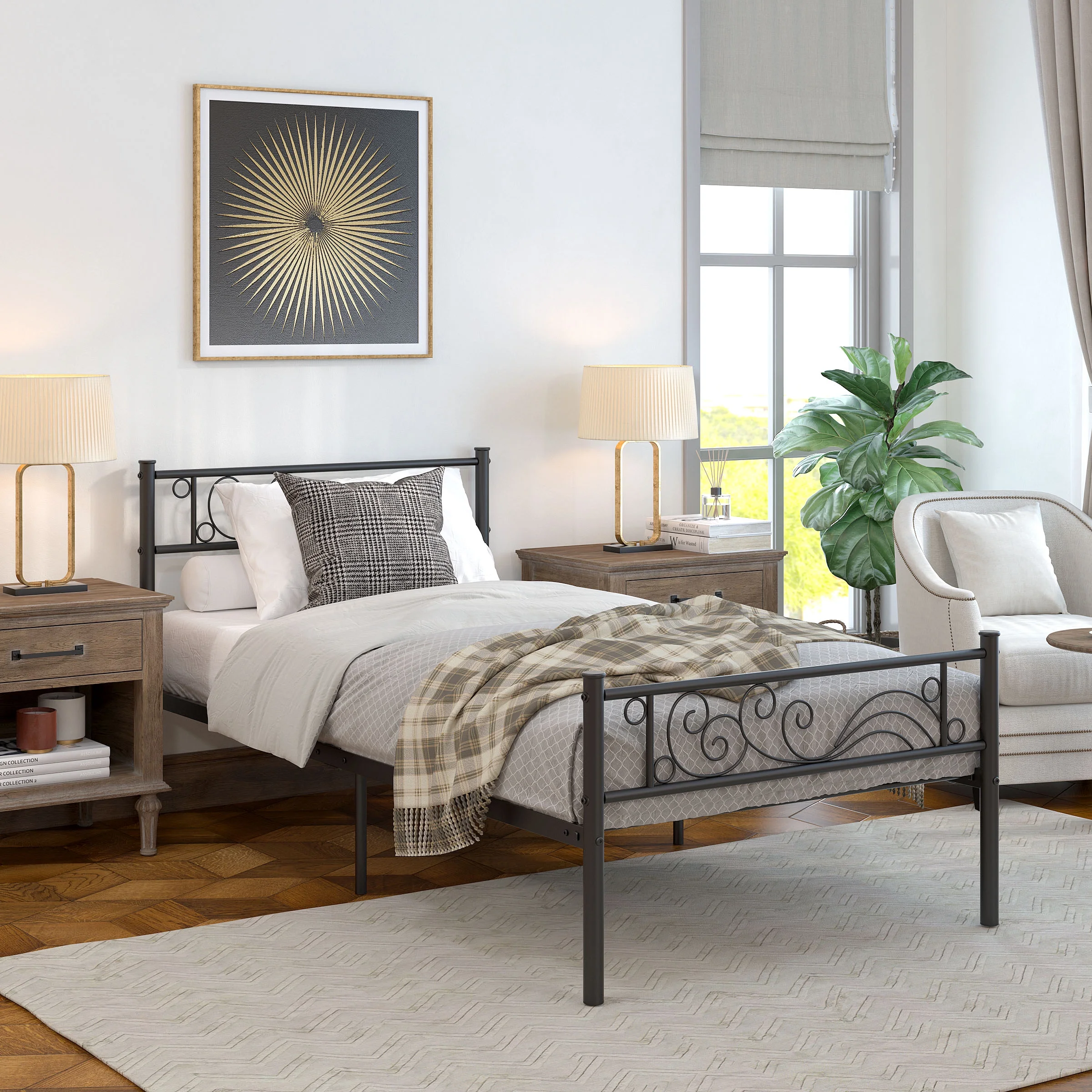 Yoneston Single Metal Platform Bed Frame Twin Size Bed frame with Headboard & Footboard Kids Bedroom Furniture,Black