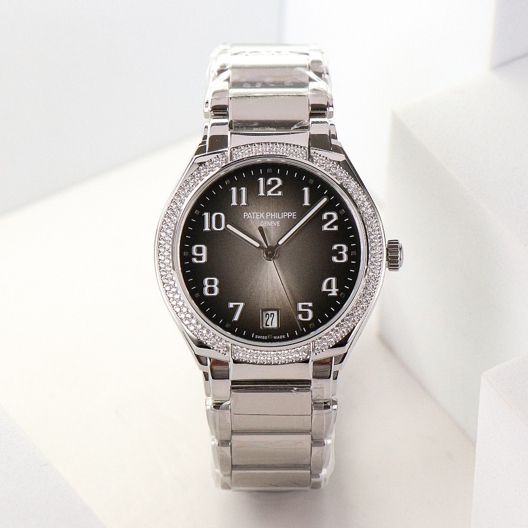 Fake Diamond Watch Replica Patek Philippe Twenty~4 Ladies Stainless Steel Grey Sunburst Dial 7300/1200A-010(1:1 replica) - Top club