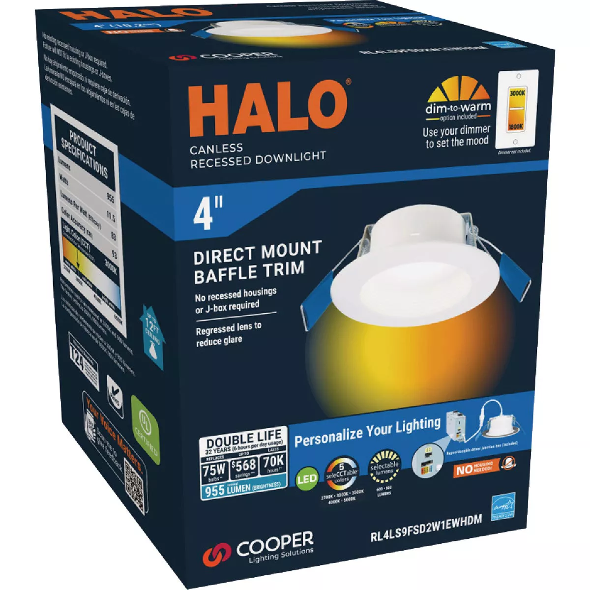 Halo 4 In. 5 CCT LED Canless Recessed Downlight, White
