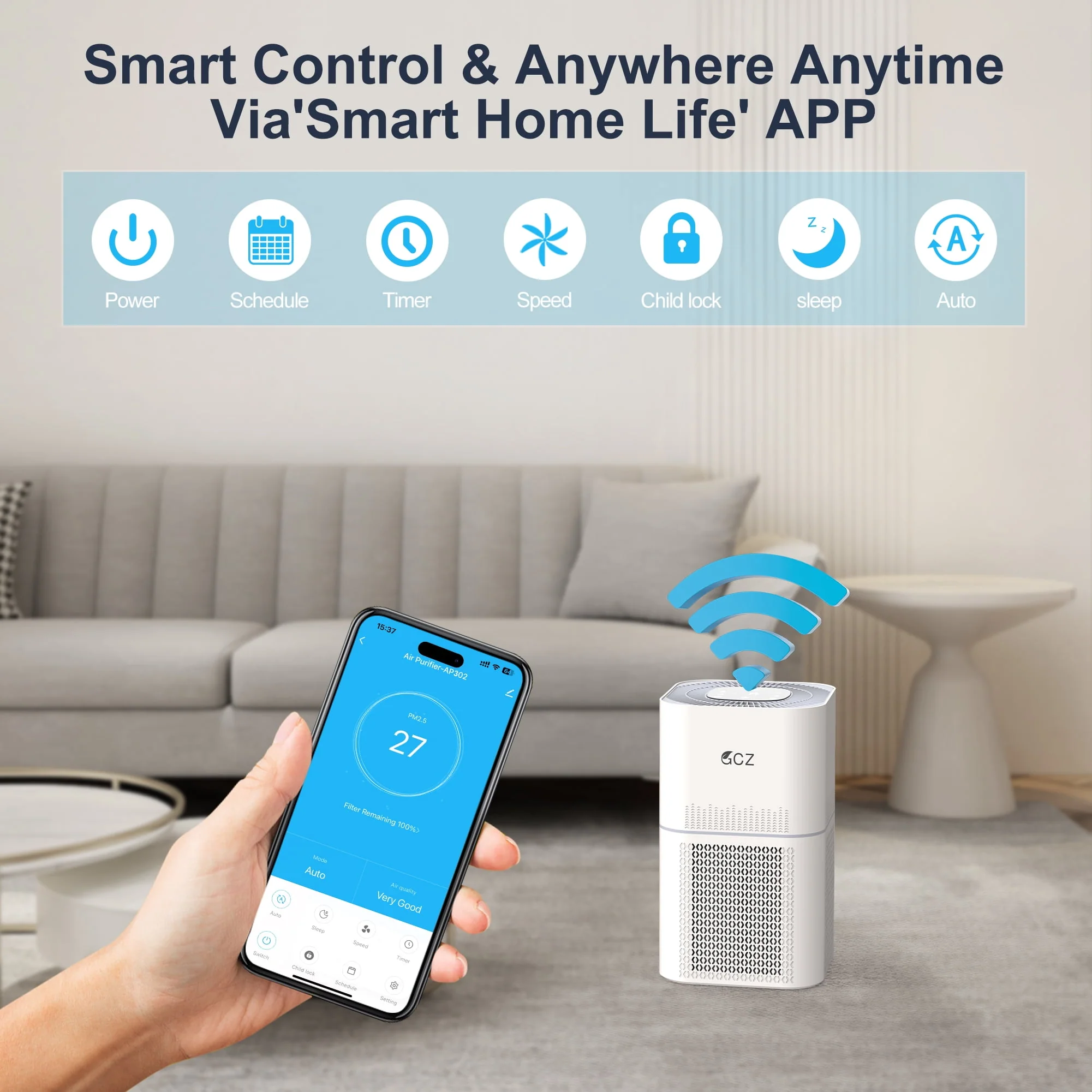 GCZ Air Purifiers for Allergies and Asthma, 1390 sq. ft Smart WiFi Air Purifier for Large Rooms H13 True HEPA Filter Air Cleaner for Home Bedroom Pets Dander Smoke Dust Mold