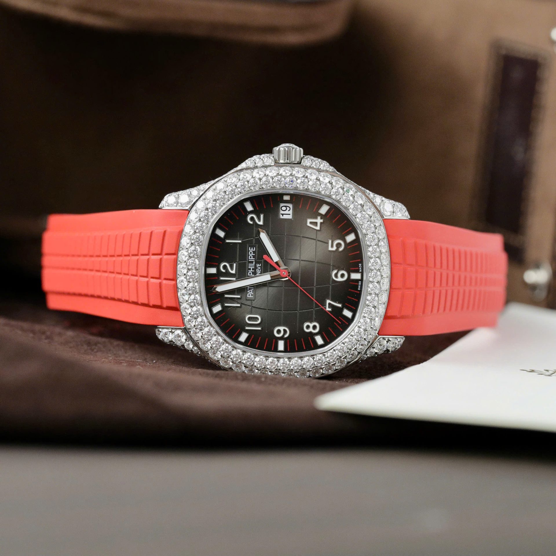 Patek Philippe Aquanaut 5167 Rep 11 Watch Custom Moissanite Diamonds Red Rubber Strap 40mm - Top club