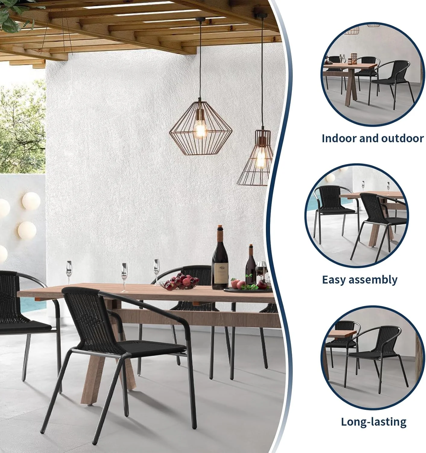ELPOSUN Outdoor Dining Chairs Set of 6, Wicker Patio Chairs with Metal Frame, Rattan Indoor-Outdoor Chairs for Bistro, Deck, Backyard, Porch, Restaurant Stack Chair 6 Pack (Black) - Image 4