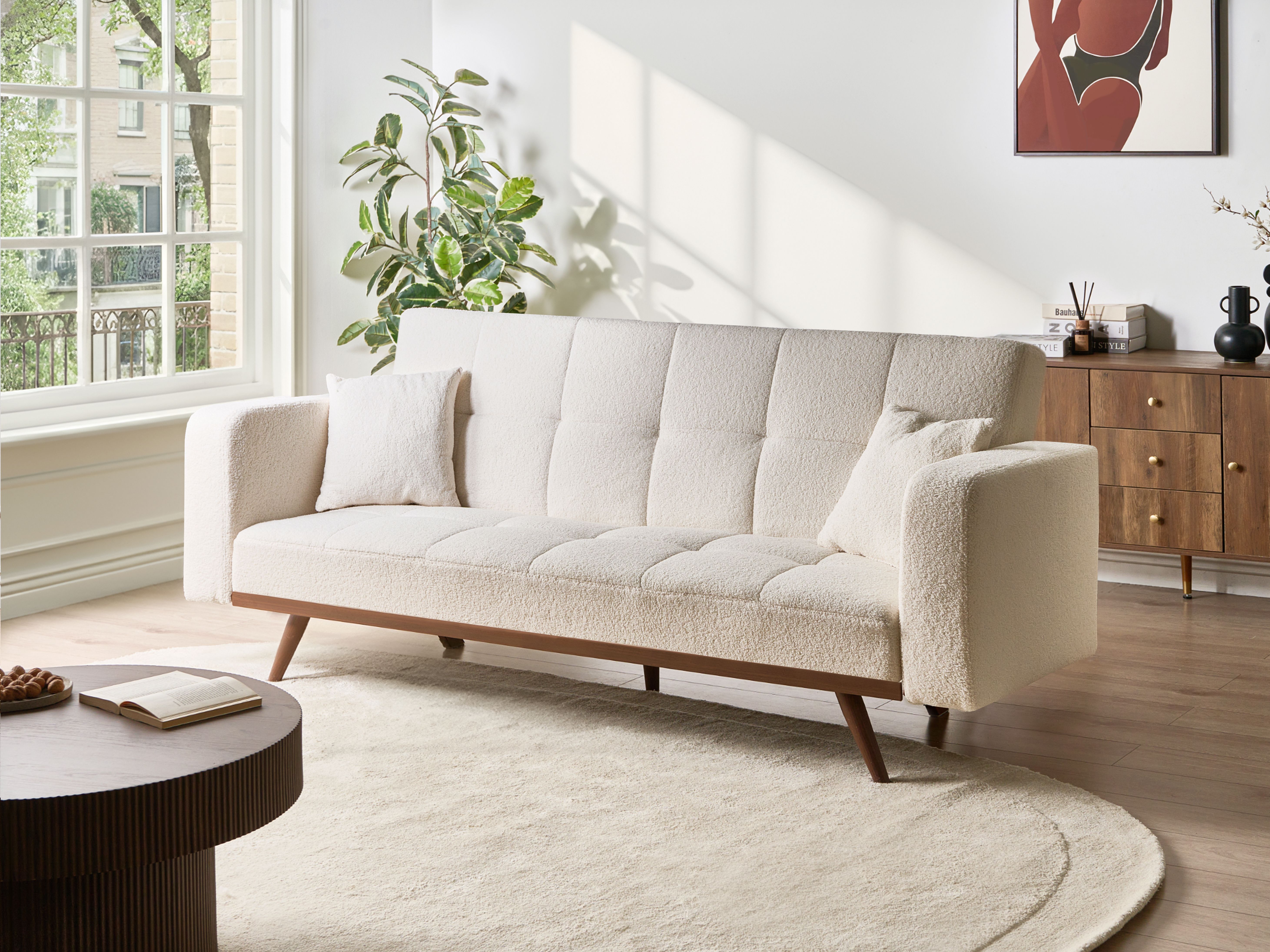 Sofa Bed 3 Seater HJULBY Boucle Off-White