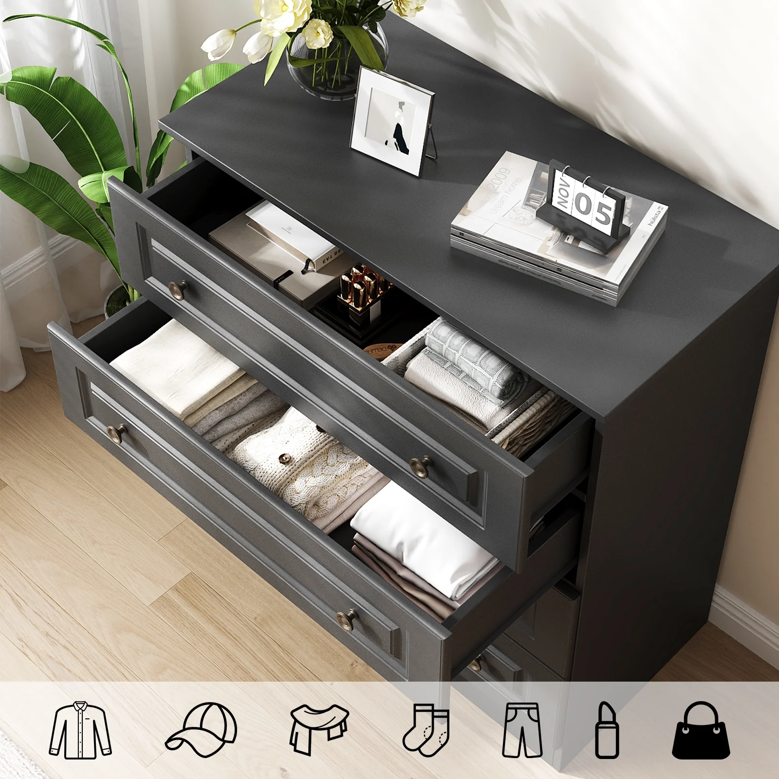 IDEALSOUL Dresser, Black Dresser Tall dresser with Large Storage Space, 4 Drawer Dresser for Bedroom, Hallway, Entryway - Image 4