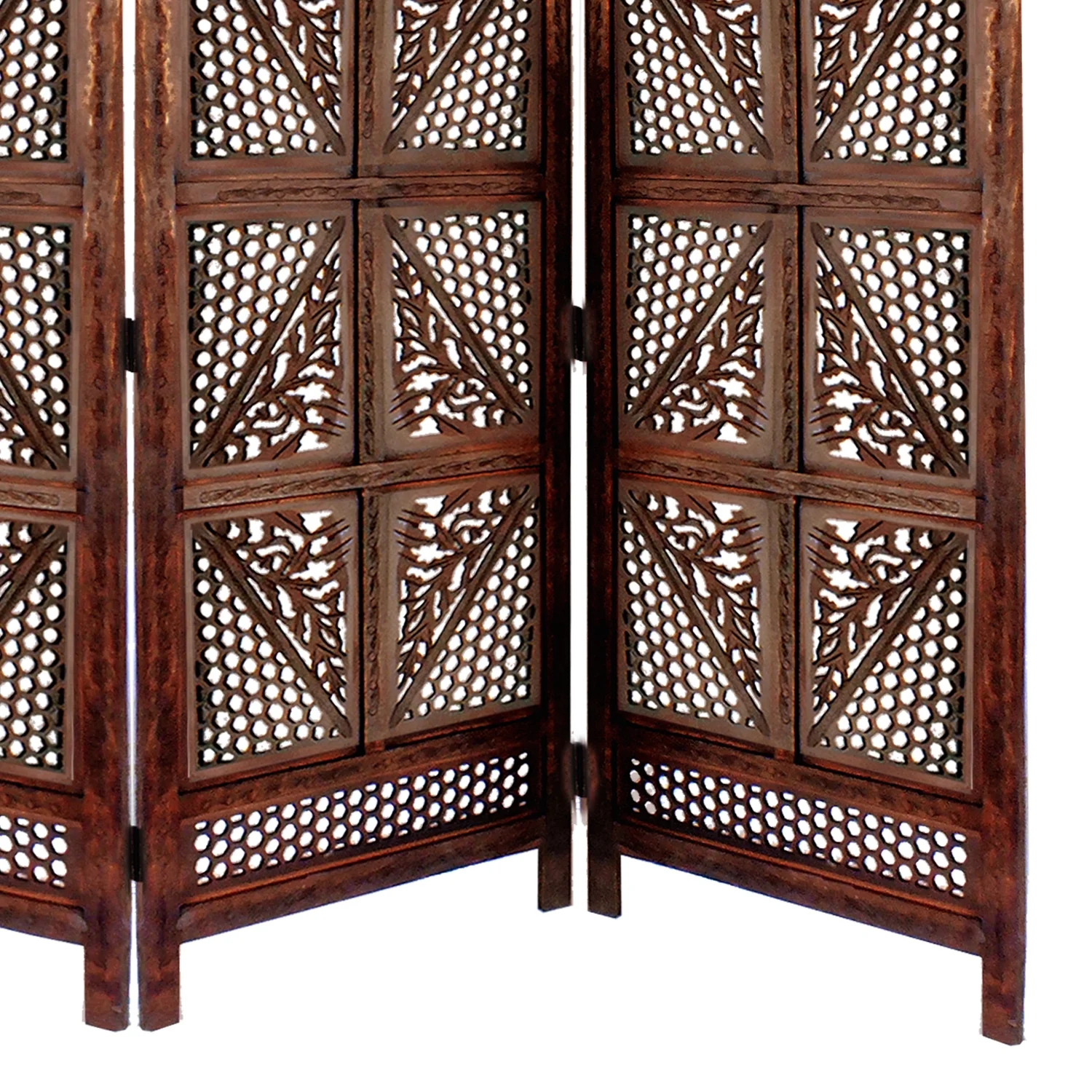 Four Panel Wooden Room Divider with Hand Carved Details in Antique Brown
