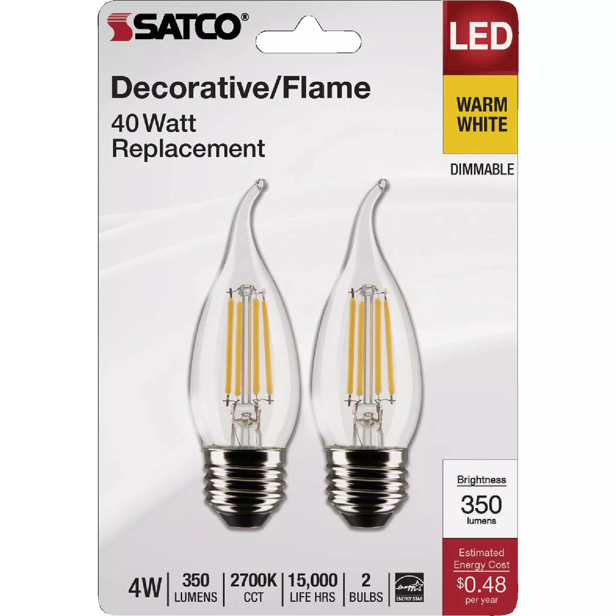Satco 40W Equivalent Warm White Clear CA10 Medium LED Decorative Light Bulb (2-Pack)