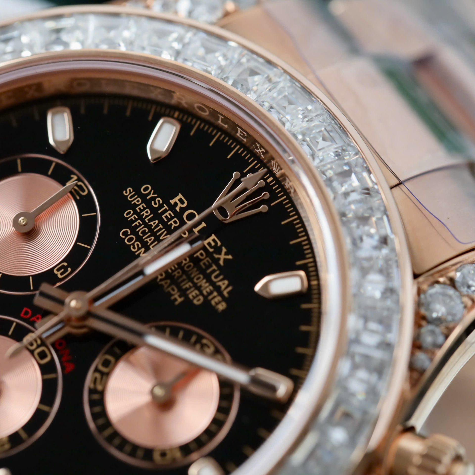 Rolex Daytona Dial Black Copies Watches Gold Wrapped + Diamonds Moissanite Baguette 40mm - Elite Watch Atelier