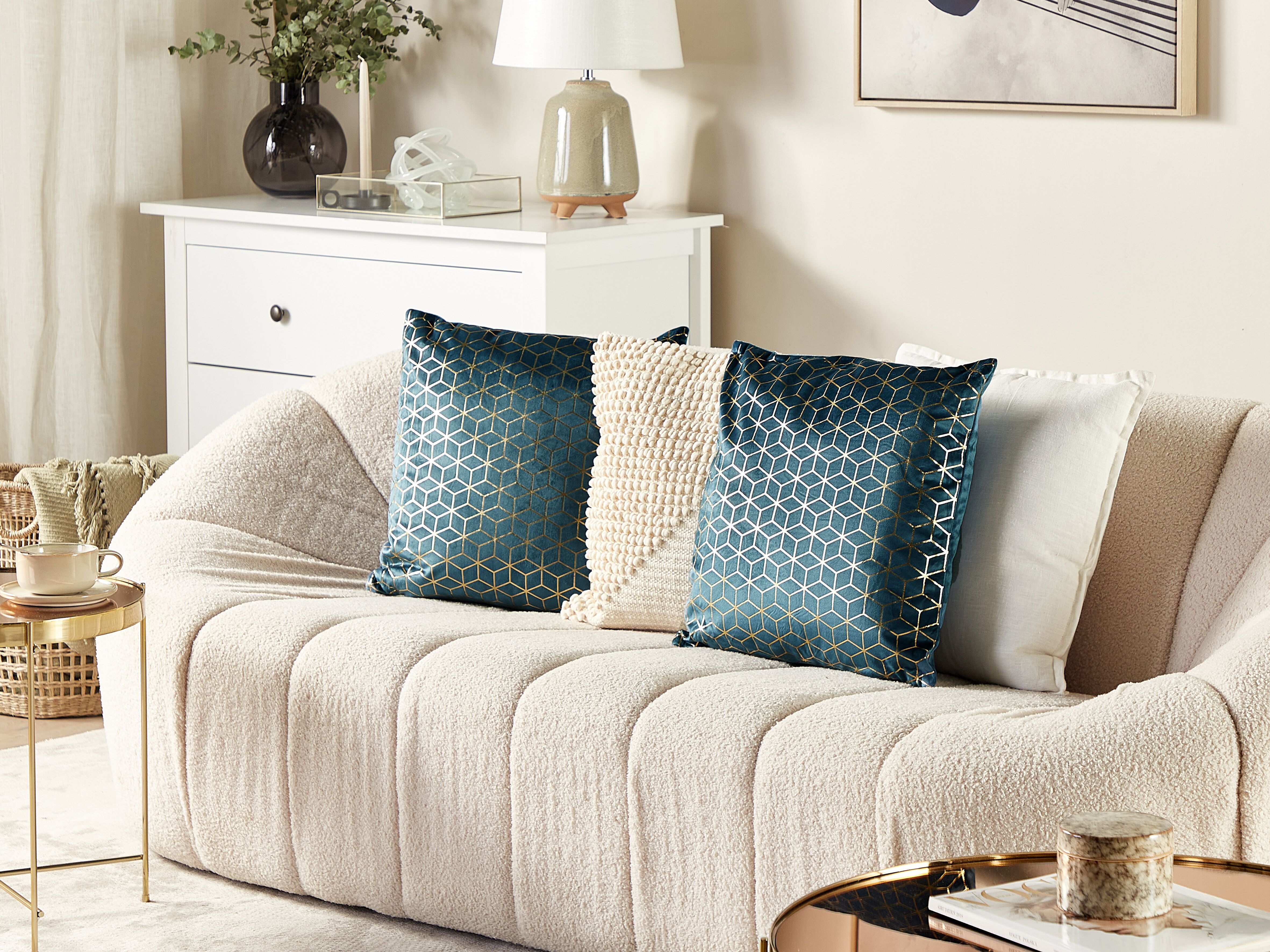Set of 2 Decorative Cushions CELOSIA Velvet 45 x 45 cm Teal Geometric Pattern