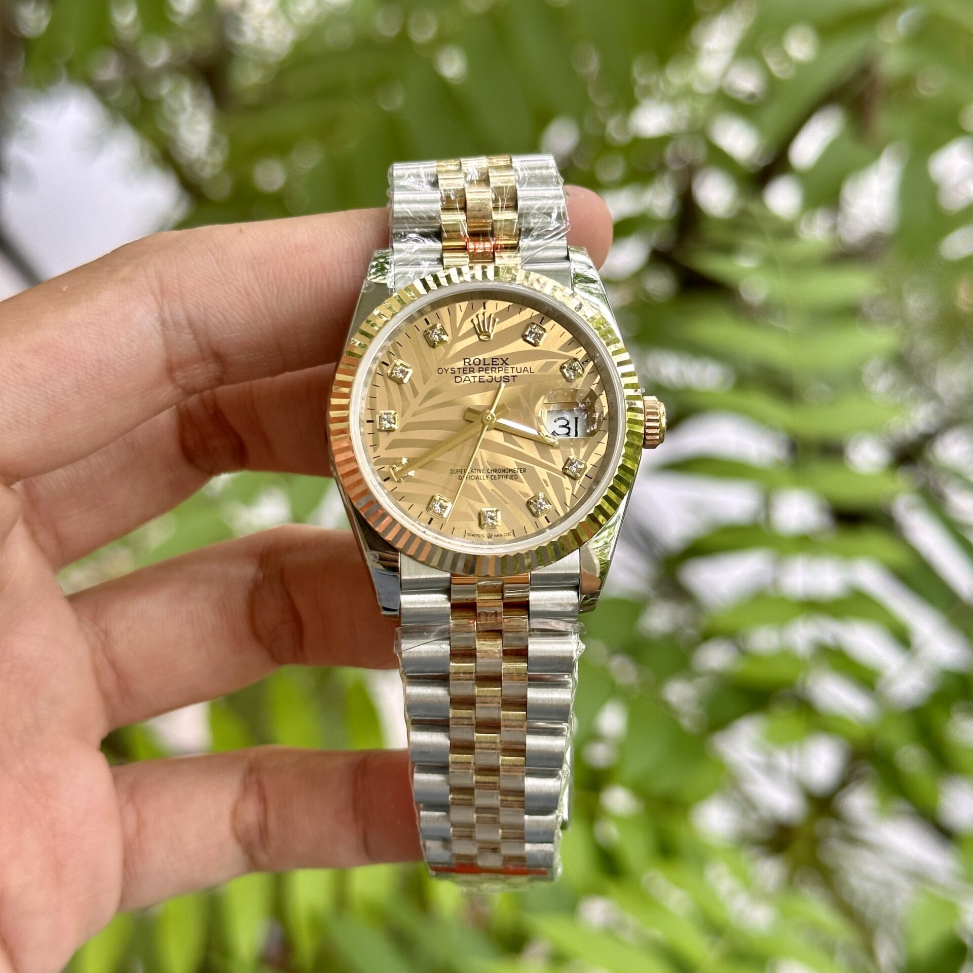 Rolex DateJust 18K Gold Wrapped Replica Watch Palm Leaf Dial GM 36mm - Elite Watch Atelier