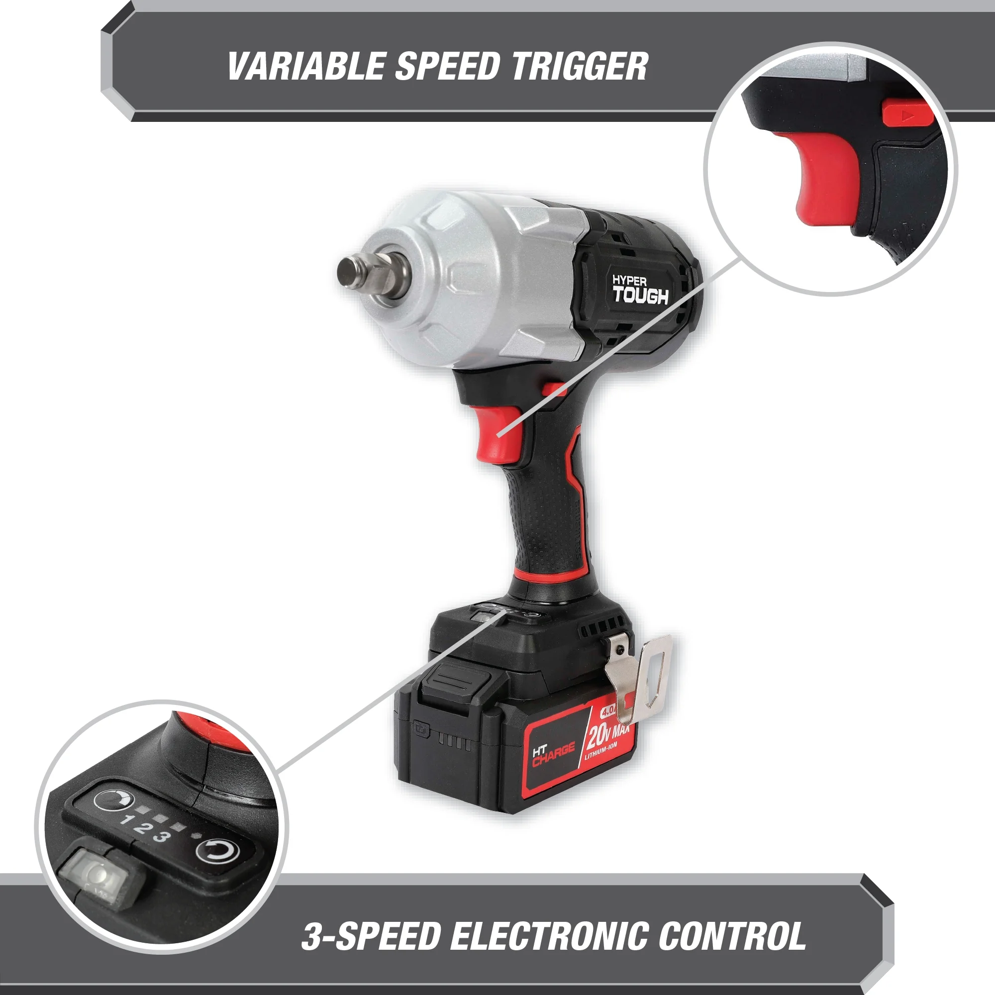 Hyper Tough 20V Max Brushless 1/2-inch High-Torque Cordless Impact Wrench with 4.0Ah Lithium-Ion Battery and Charger - Image 9