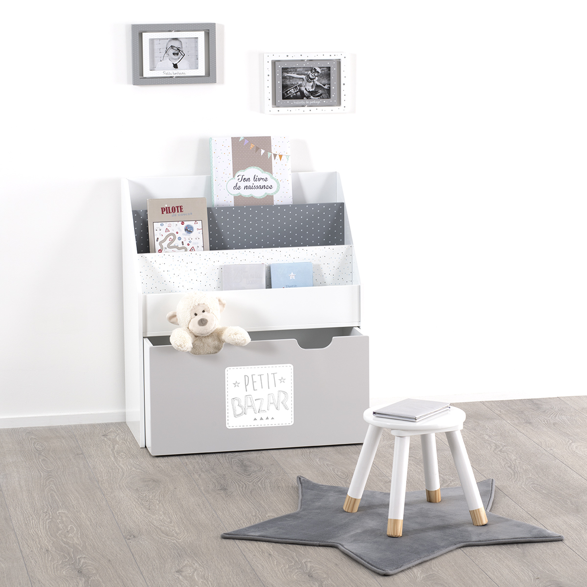 Kids bookcase on wheels Grey, H.70 cm