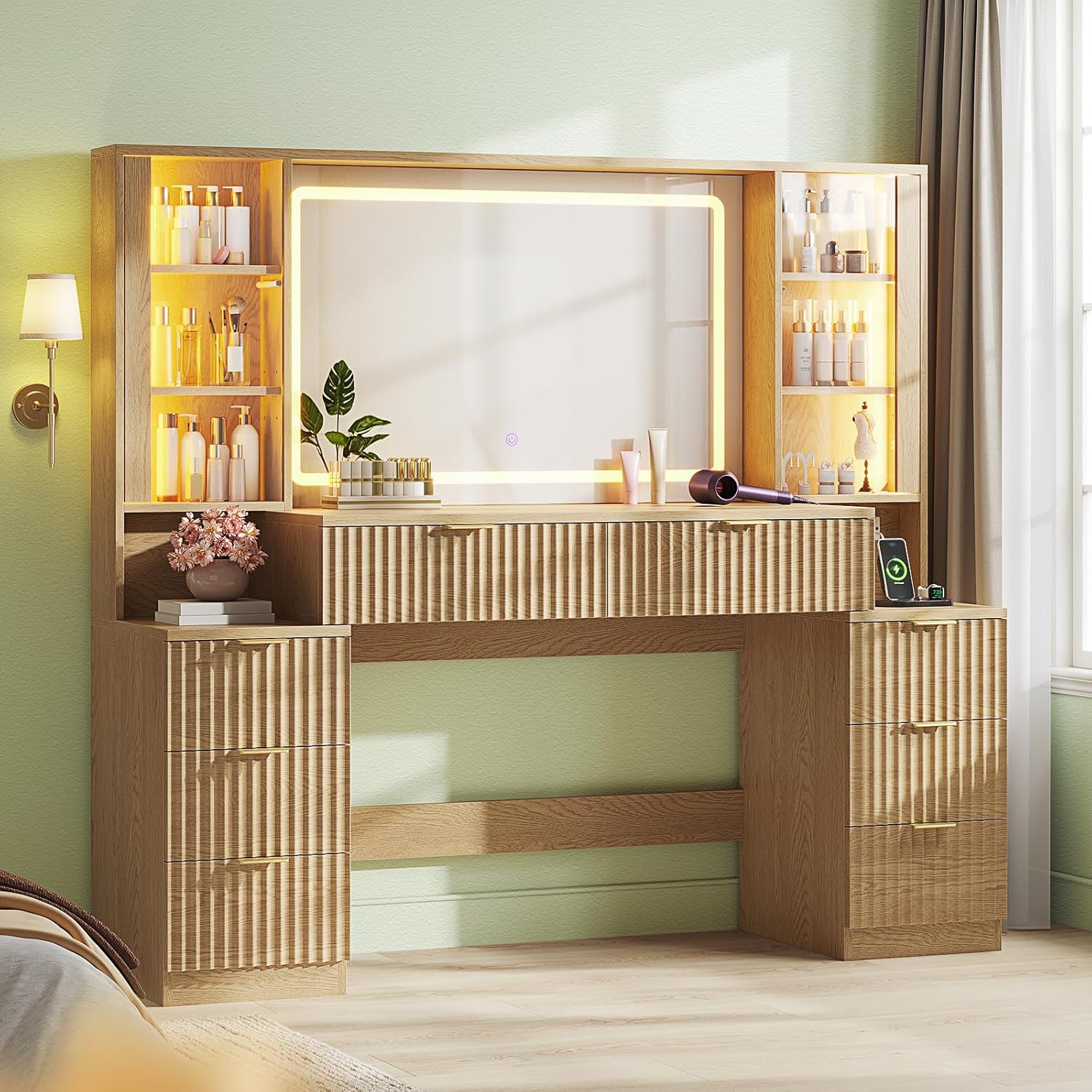 Big Vanity, Fluted Wood Makeup Vanity Desk with Mirror and Sound Sync LED Lights, Large Vanity Dressing Table, 8 Drawers, Charging Station for Girls, Women (Oak, 59.1