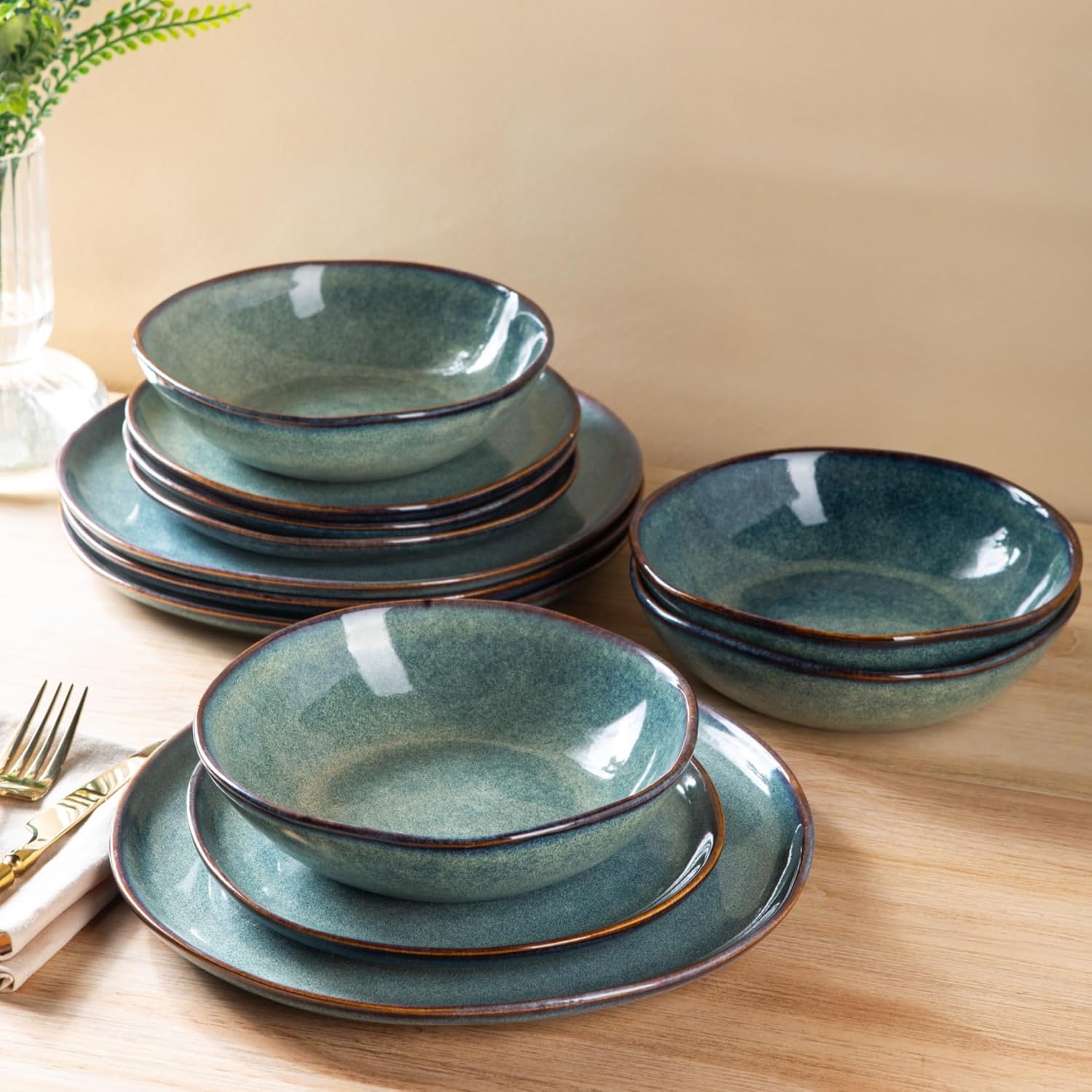 AmorArc Ceramic Dinnerware Sets,Handmade Reactive Glaze Stoneware Plates and Bowls Sets,Highly Scratch Resistant | Dishwasher & Microwave Safe Dishes Set,Service for 8 (24pc)