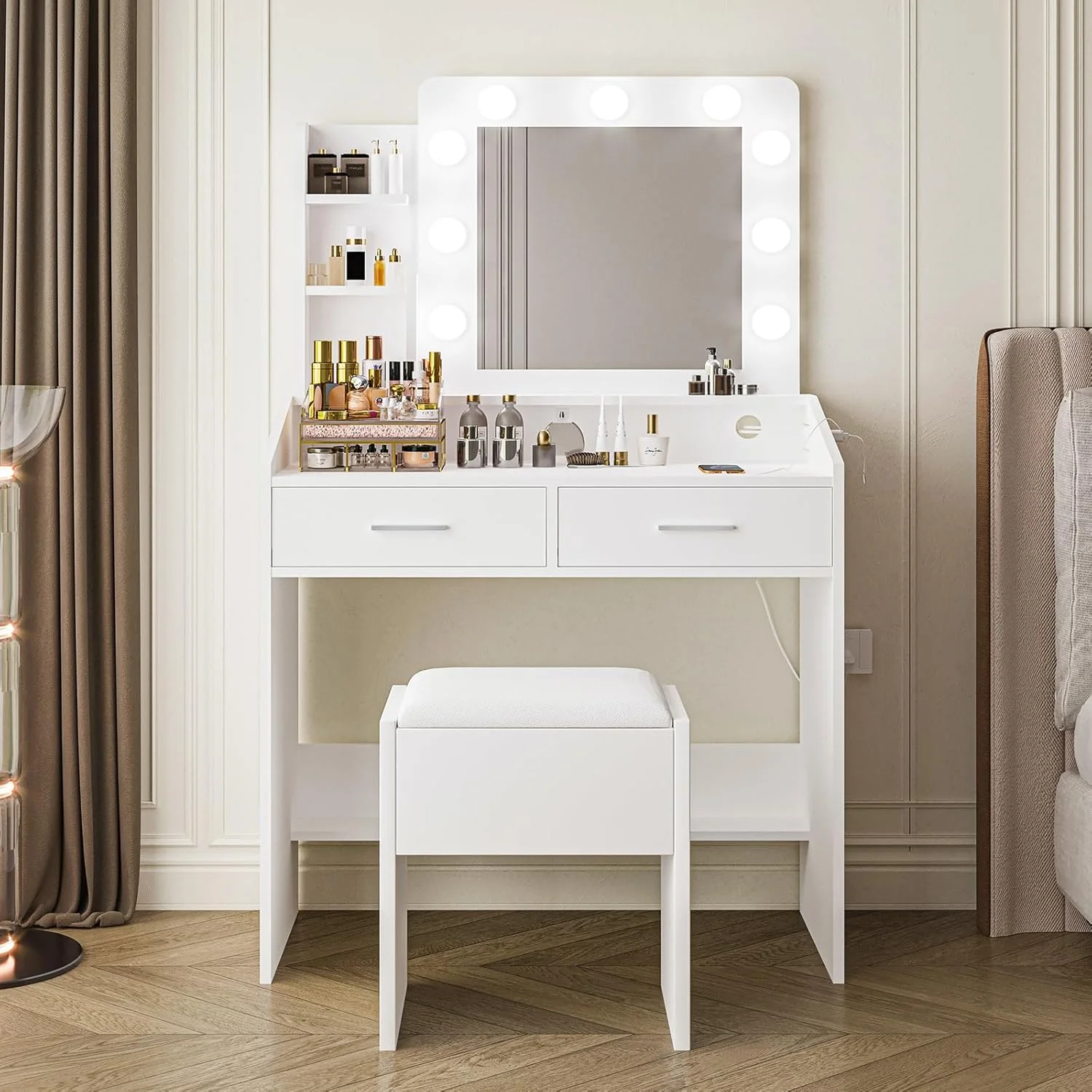 OYang Makeup Vanity with Lights, Vanity Desk with Mirror and Lights Set, Large Drawer and Two-Tier Lots Storage Cabinet, 3 Lighting Modes Adjustable Brightness