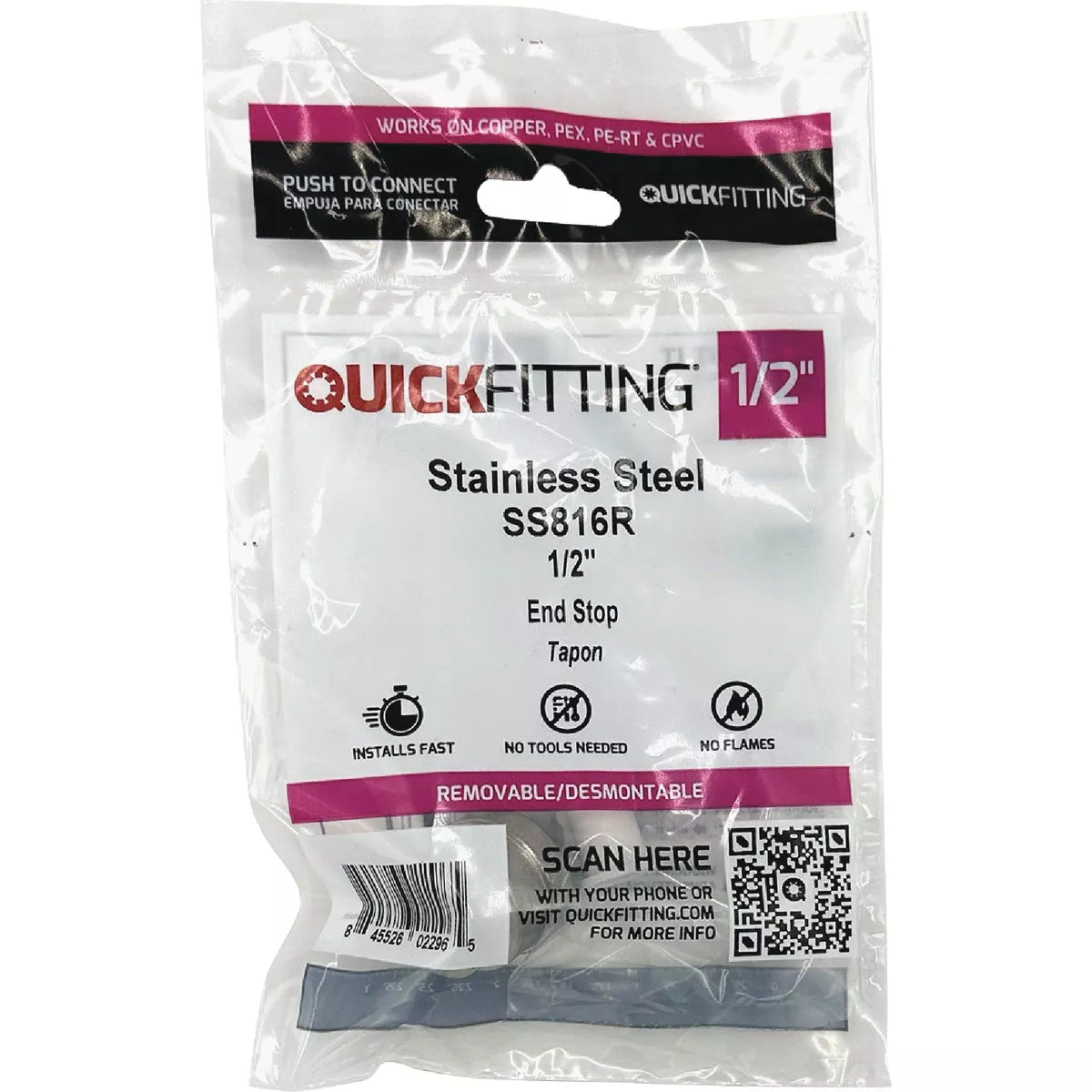QuickFitting 1/2 In. Push-to-Connect Stainless Steel Push Cap (End Stop)