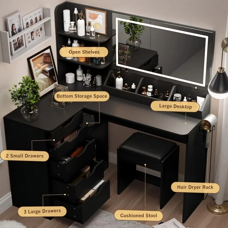 Furmax L Shaped Vanity Desk Set Corner Makeup Vanity Set with Adjustable LED Lighted Mirror & Power Outlets Dressing Table with Organizers, and Cushioned Stool, White - Image 12