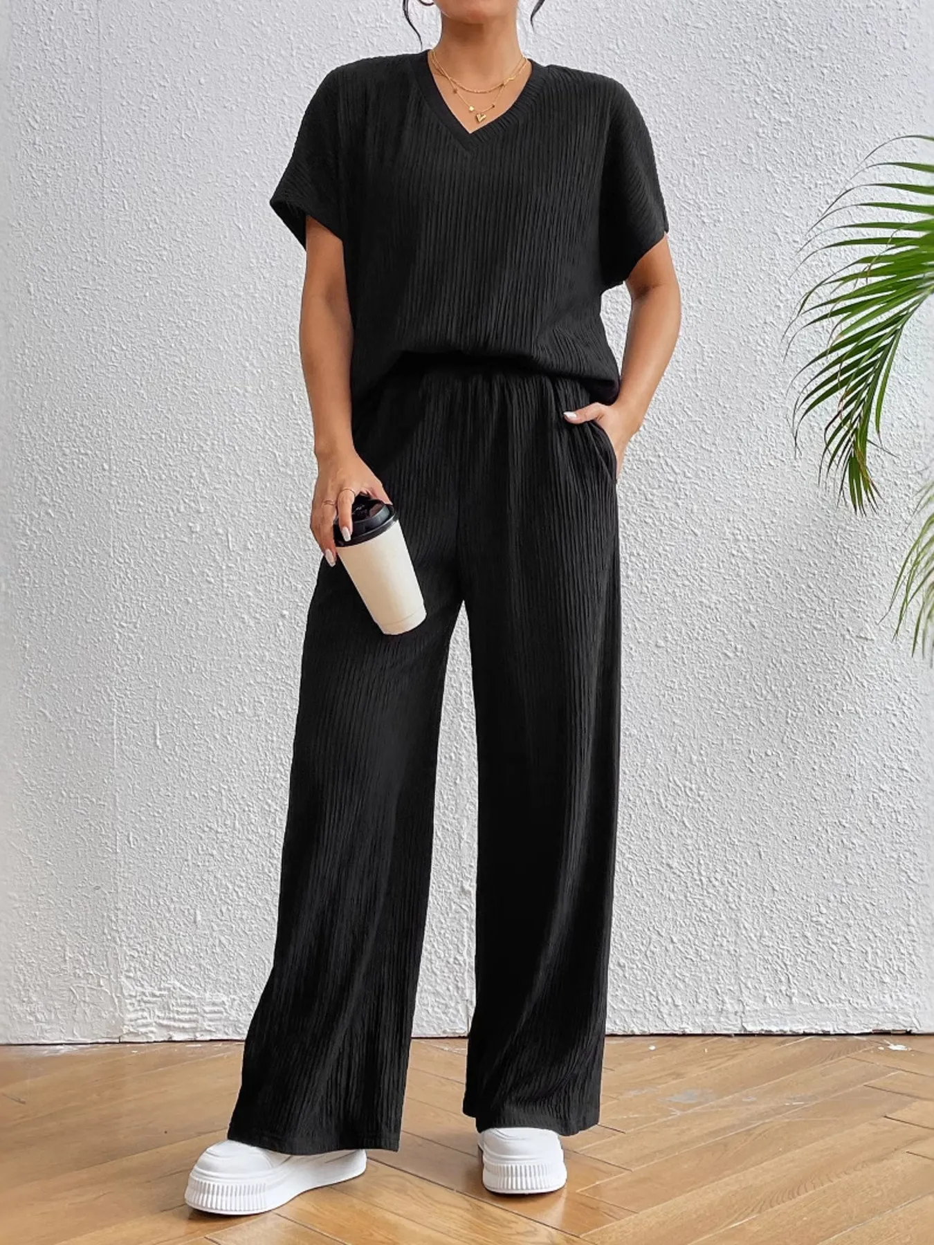 V-Neck Short Sleeve Top and Pants Set - ZKZOOK