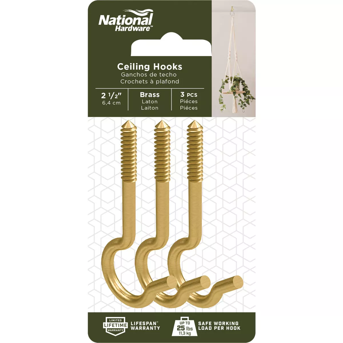National Hardware 2-1/2 In. Brass Ceiling Hook (3-Pack)