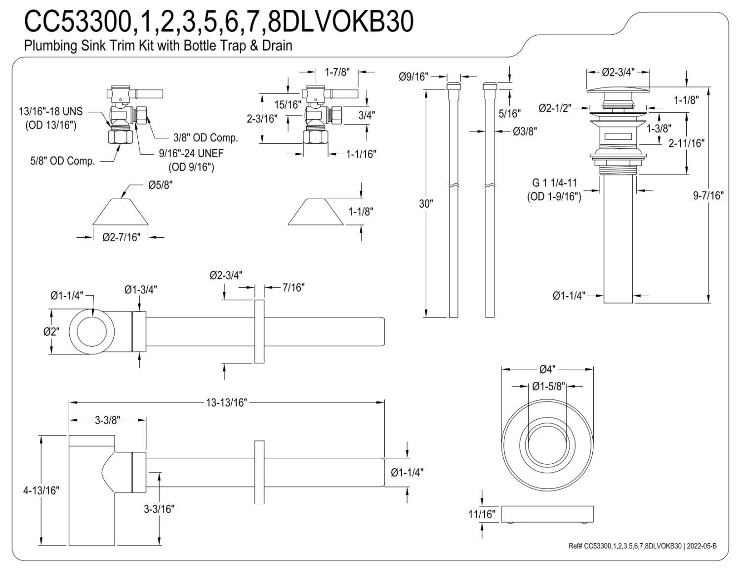 Kingston Brass CC53301DLVOKB30 Modern Plumbing Sink Trim Kit with Bottle Trap and Overflow Drain, Polished Chrome