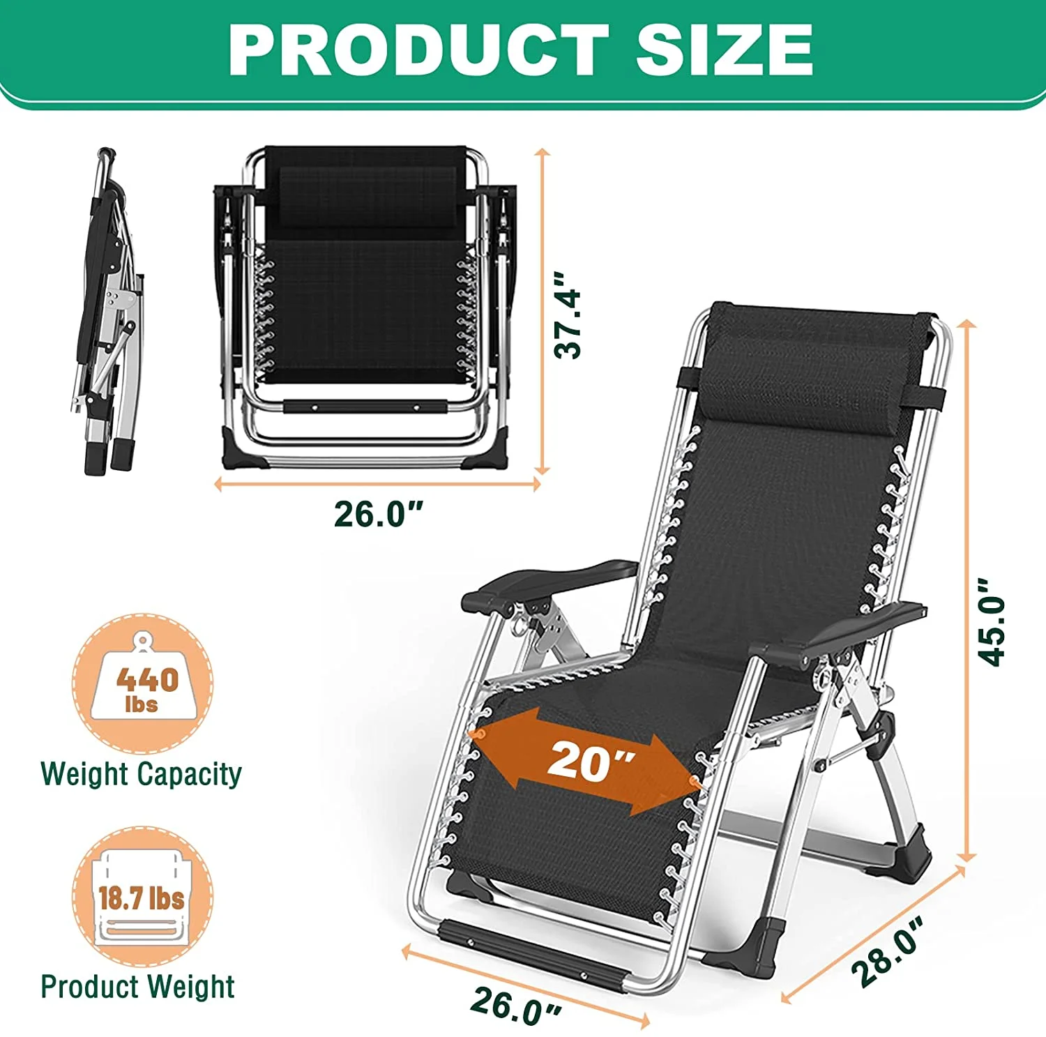 NAIZEA Zero Gravity Chair with Removable Cushion and Cup Holder Black - Image 2