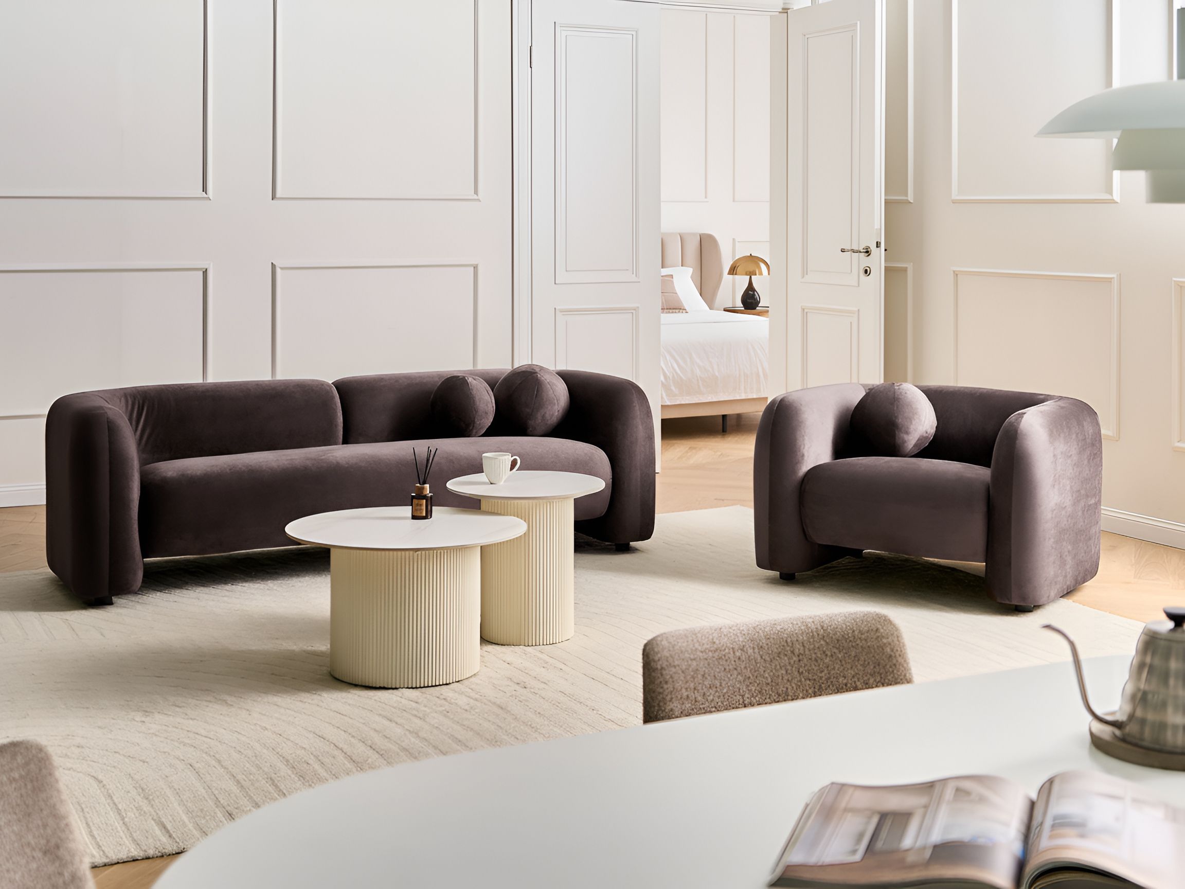 Living Room Set 4 Seater LEIREN Velvet Dark Brown