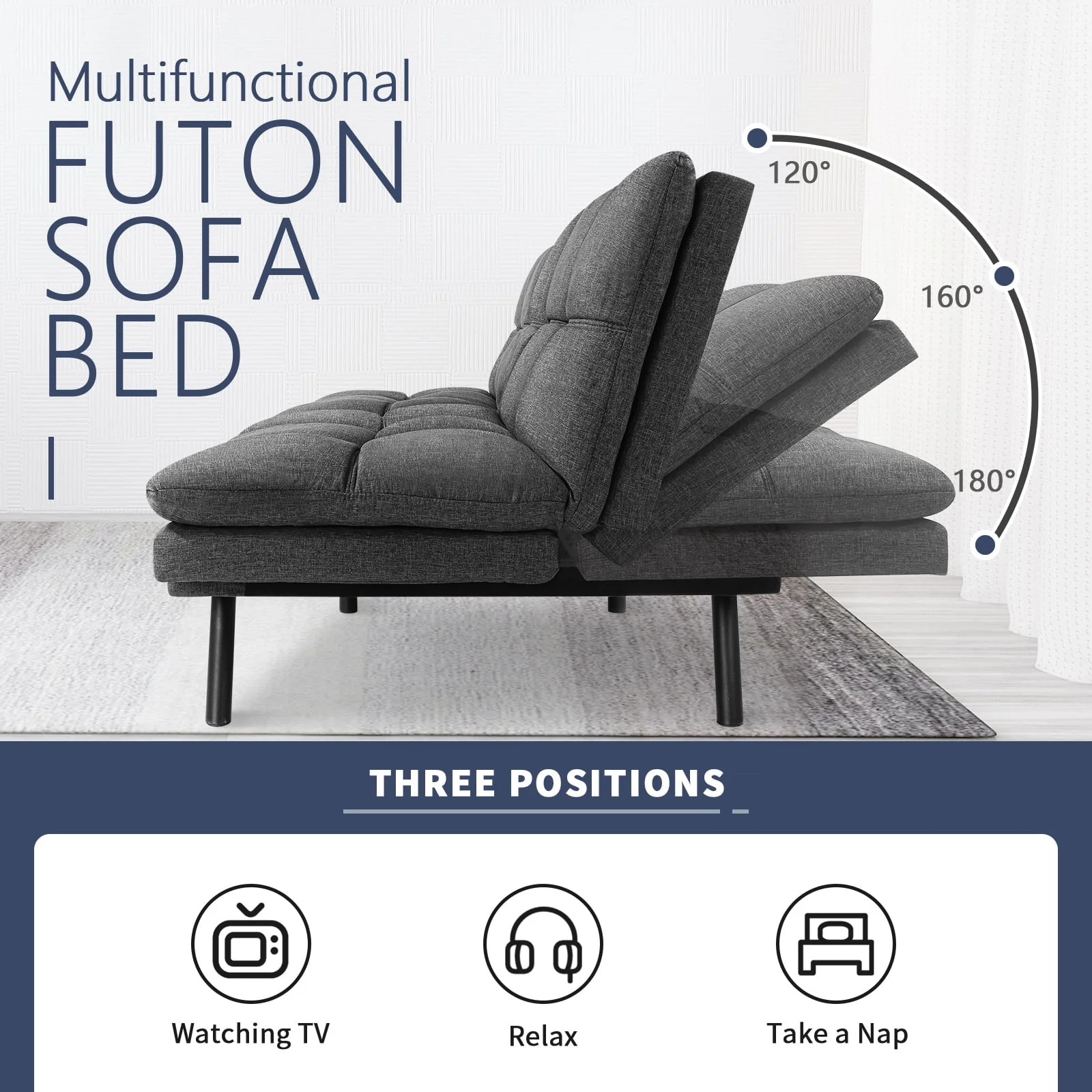 Convertible Memory Foam Futon Sofa Bed with Adjustable Armrests and Backrest,Gray - Image 2