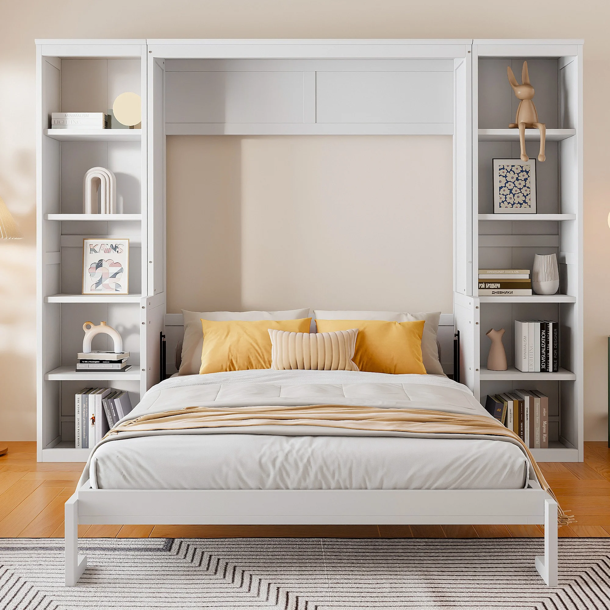Queen Size Murphy Bed with Desk and Bookshelf(White)