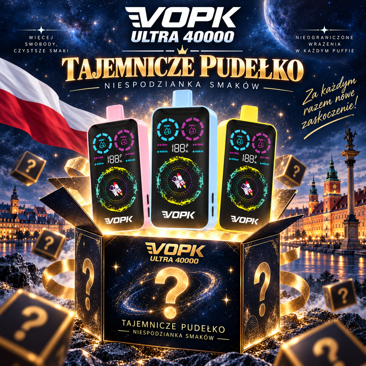 VOPK ULTRA 40 000 puffów – Tajemnicze Pudełko: losowy zestaw smaków, złote pudełko; 2 w 1, wyświetlacz RGB