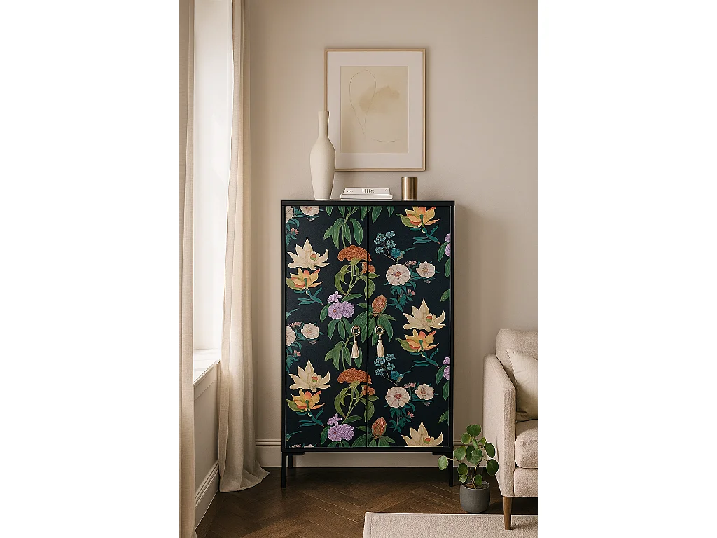 Buffet en MDF 2 portes décoratives motif Noir Floral