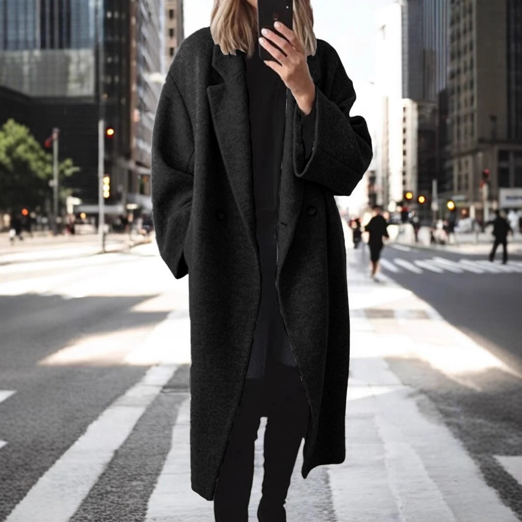 Ladies Oversized Notched Lapel Wool Blend Long Coat