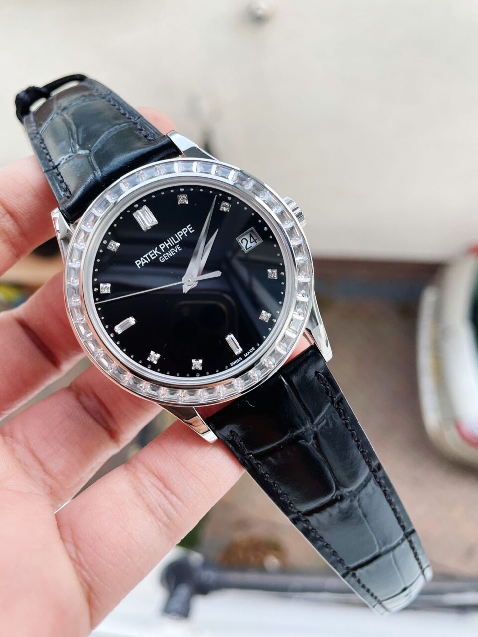 Replica PATEK PHILIPPE Calatrava ZF 5298p Date Sweep Seconds in Diamond Bezel Black Dial ZF factory - Top club