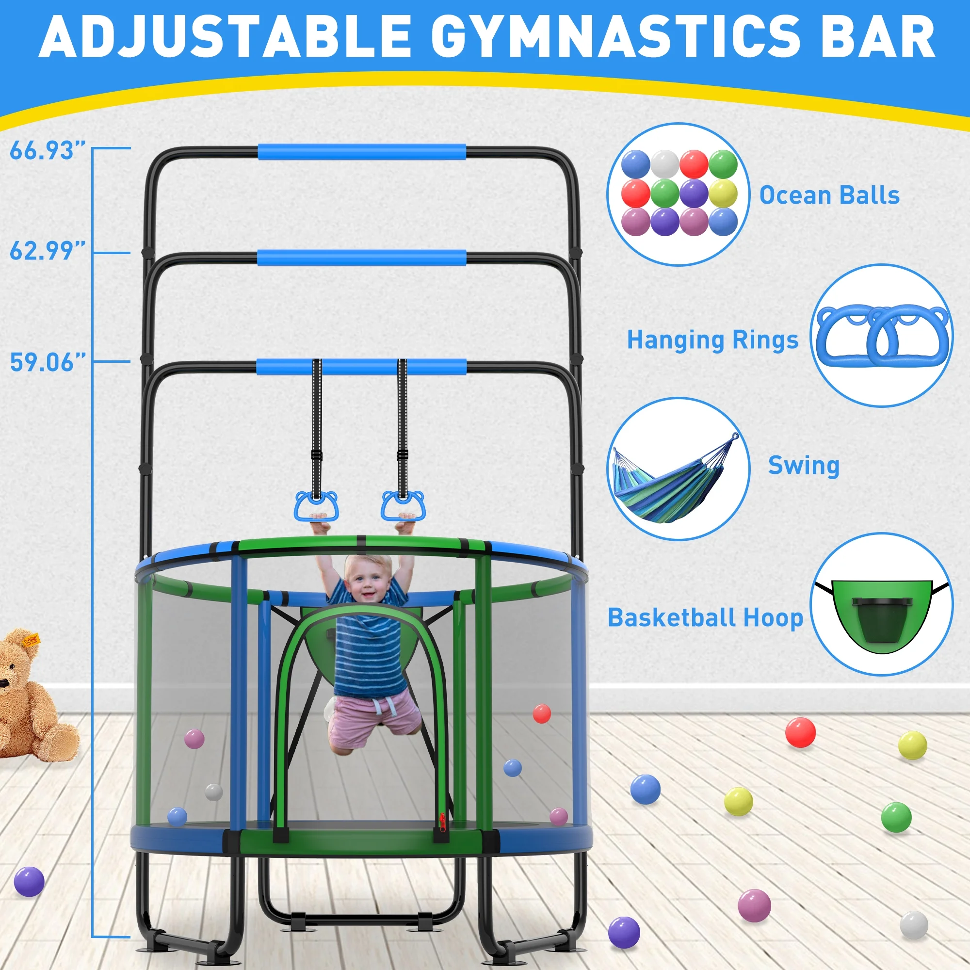CITYLE Trampoline for Kids 600LBS 60'' 5FT Toddler Trampoline Indoor Outdoor with Basketball Hoop, Swing, Adjustable Bar, Mini Small Trampoline with Enclosure, Gifts for Toddlers, Boys & Girls - Image 10