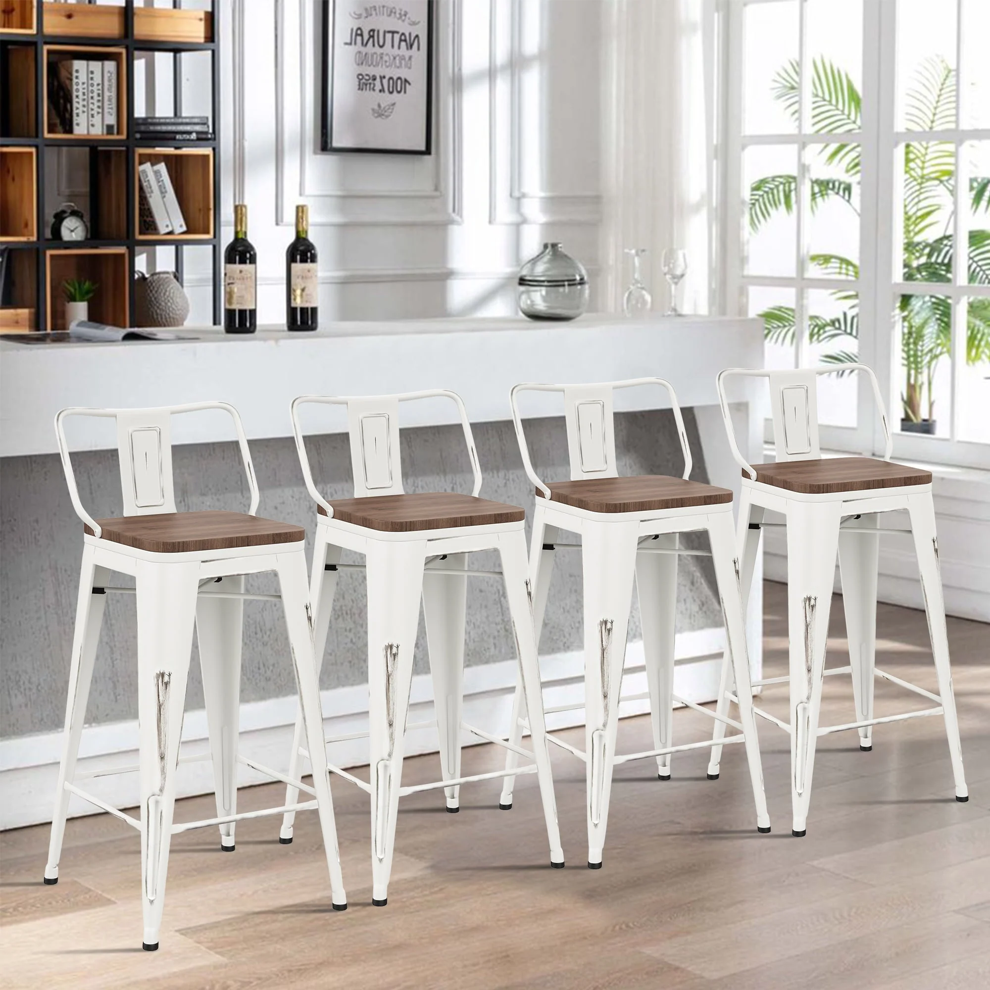 Andeworld Bar Stools Set of 4 Counter Height Stools Industrial Metal Barstools with Wooden Seats( 24 Inch, Distressed White ) - Image 3