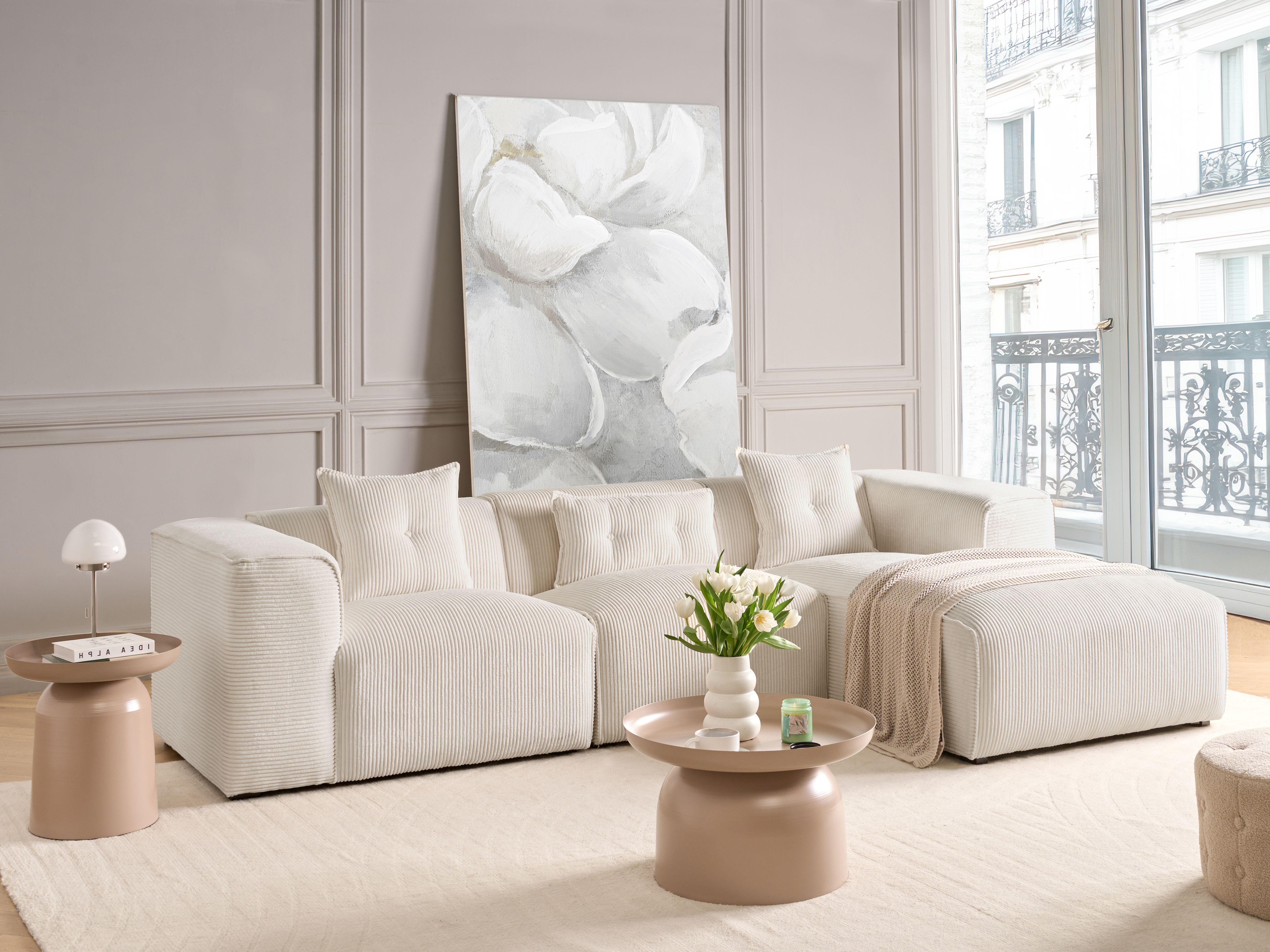 Corner Sofa 3 Seater DOLVA Corduroy Off-White Left Hand