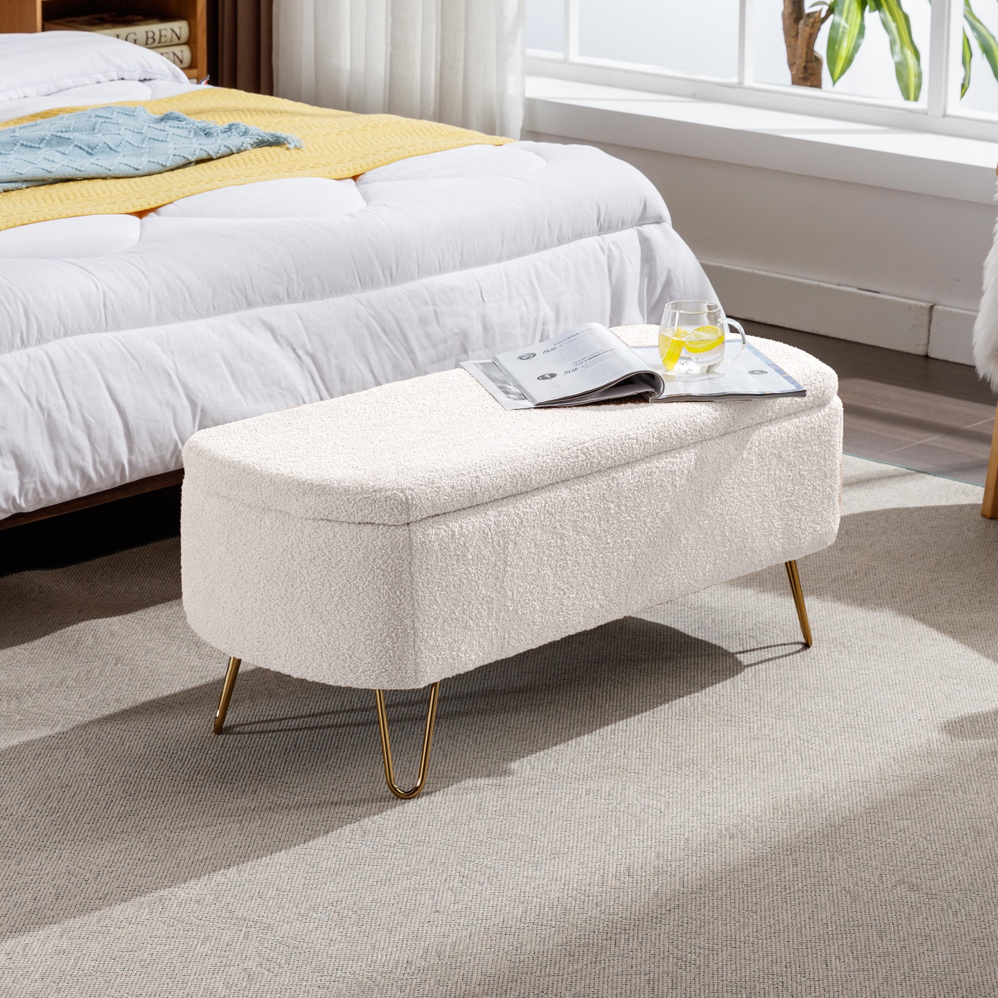 Syngar Entryway Bench with Storage for Bedroom, Living Room, and End of Bed, Faux Fur Ottoman Foot Rest with Storage,Upholstered Bench with Storage with Metal Leg,Ivory