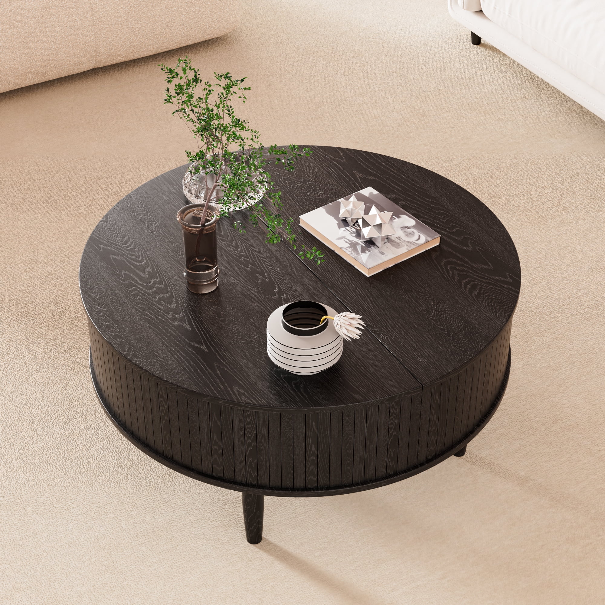 Oubayajia Round Coffee Table, Small Fluted Lift Top Center Table for Home Living Room Office, Walnut - Image 13