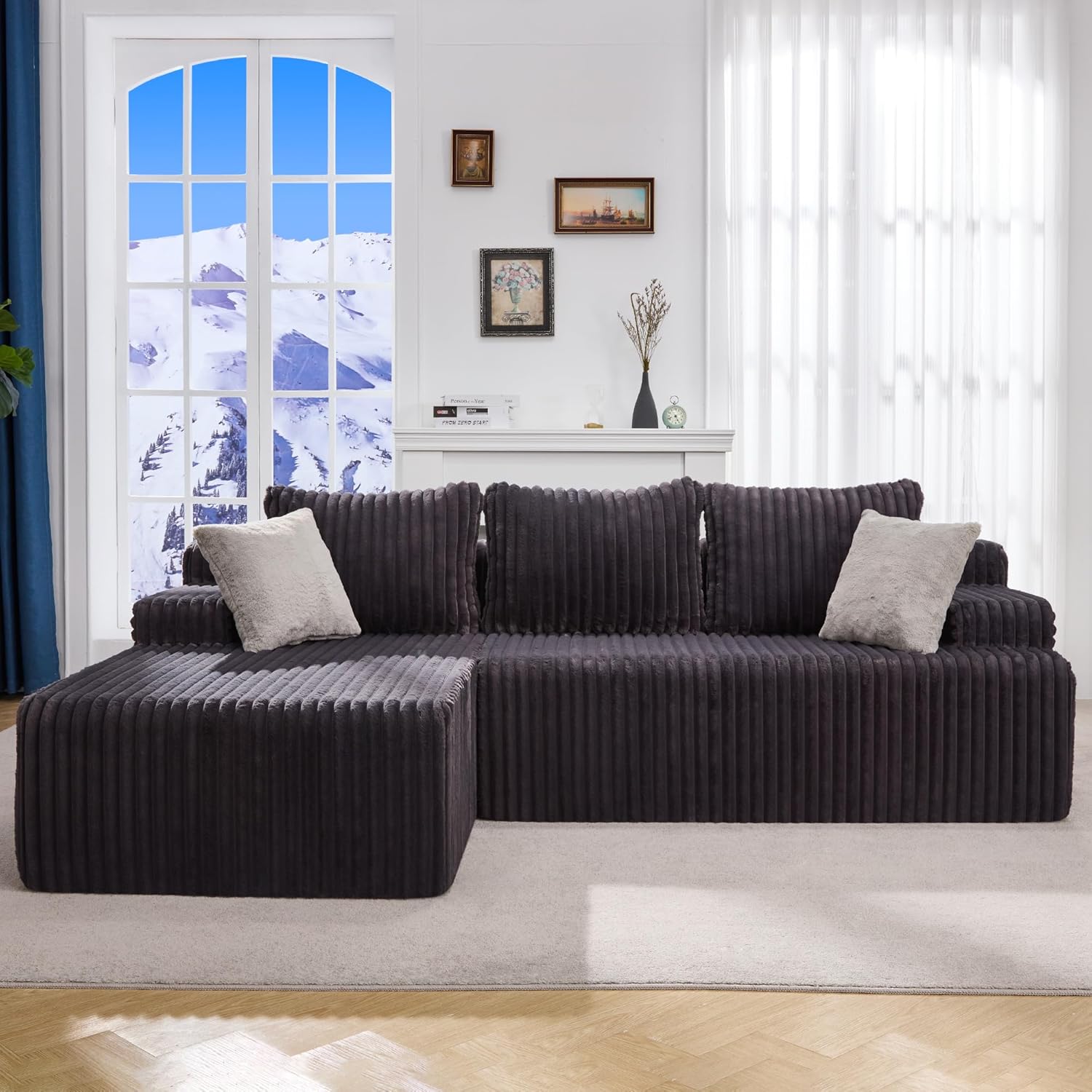 Modular Sectional Sofa Couches L-Shape Couch 3 Seat Modular Sofa Memory Foam Sectional Couches for Living Room, Cloud Couch with Oversized Chaise (Grey Stripe, 96