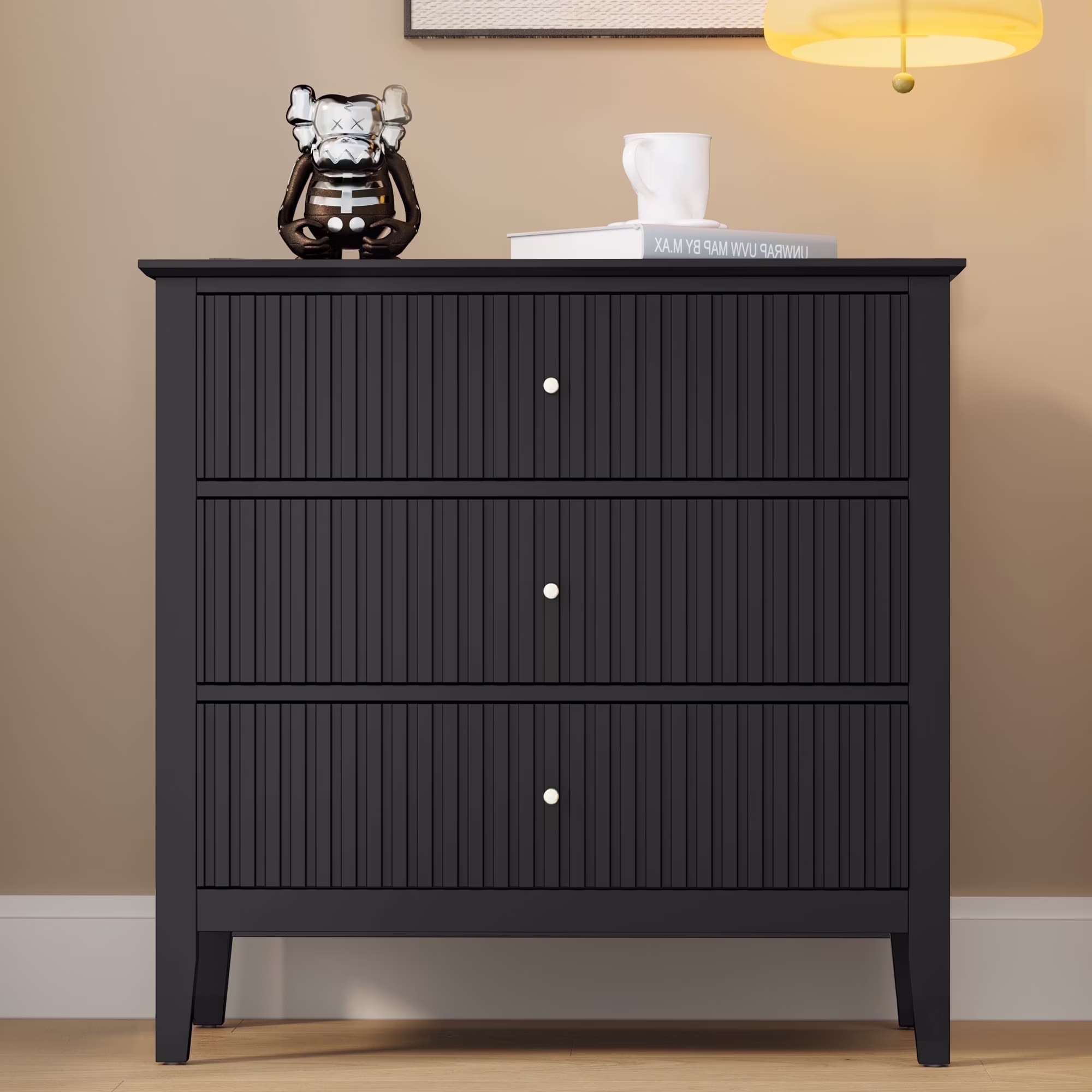 May Color Large White 3 Drawer Dresser Set of 2 with Fluted Panel, Modern Chest of Drawers with Silent Slide Drawers, Wood Accent Nightstand with Storage for Bedroom Living Room, Hallway - Image 14