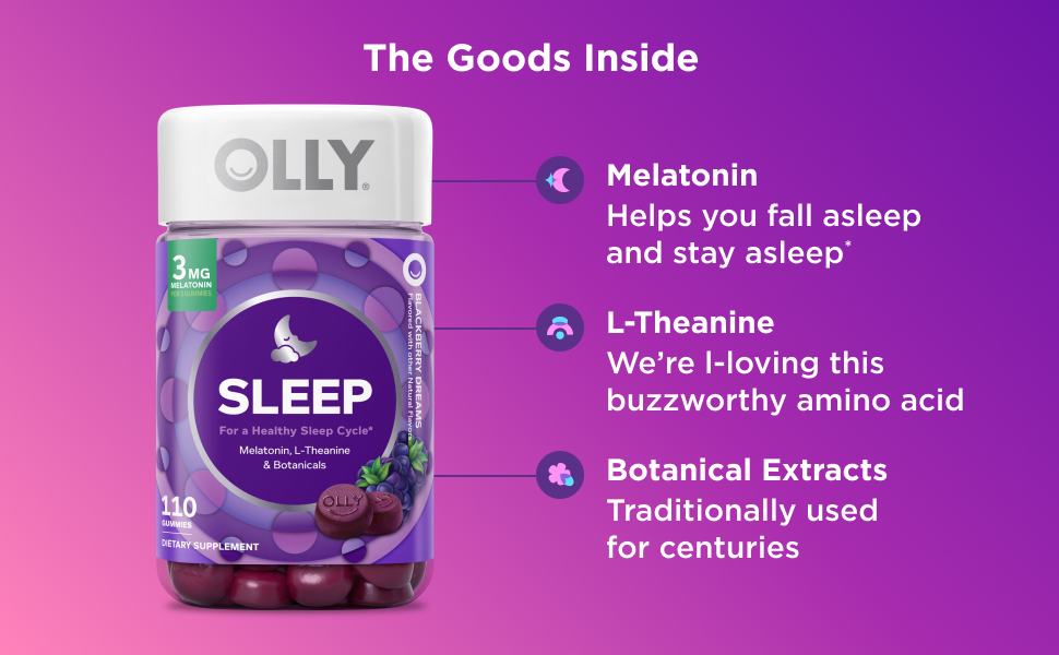 OLLY Sleep 110 count. The Goods Inside: Melatonin,helps you fall asleep and stay asleep. L-Theanine , We're loving this buzzworthy amino acid.& botanical extracts. Traditionally used for centuries.