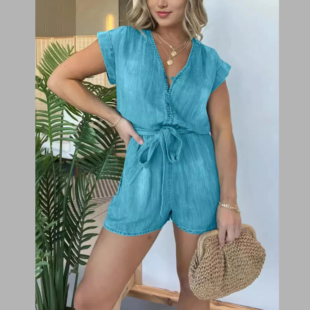 Full Size Tie Waist Cap Sleeve Denim Romper Plus Size - ZKZOOK
