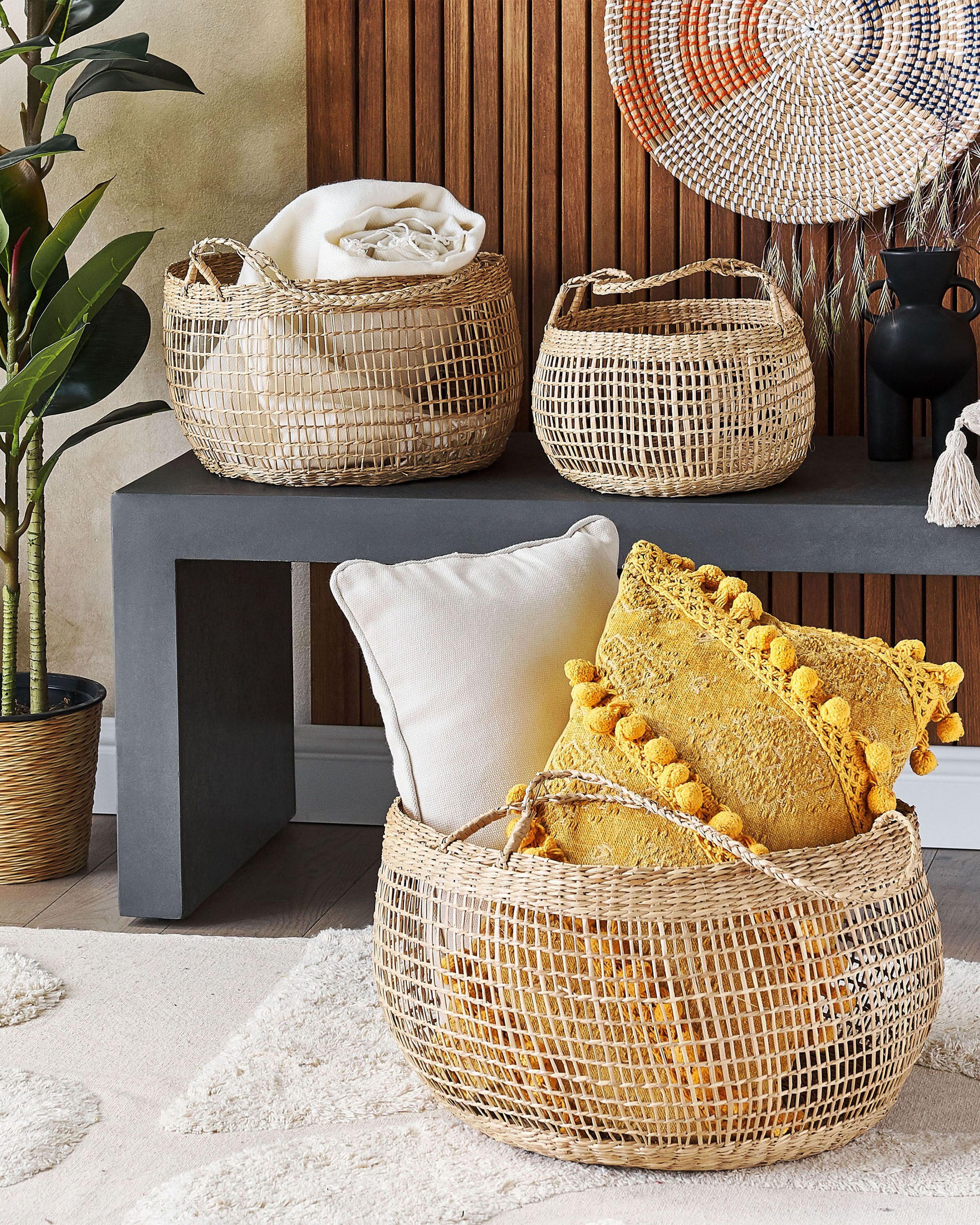 Set of 3 Baskets ARAPAIMA Seagrass Natural Ash Wood