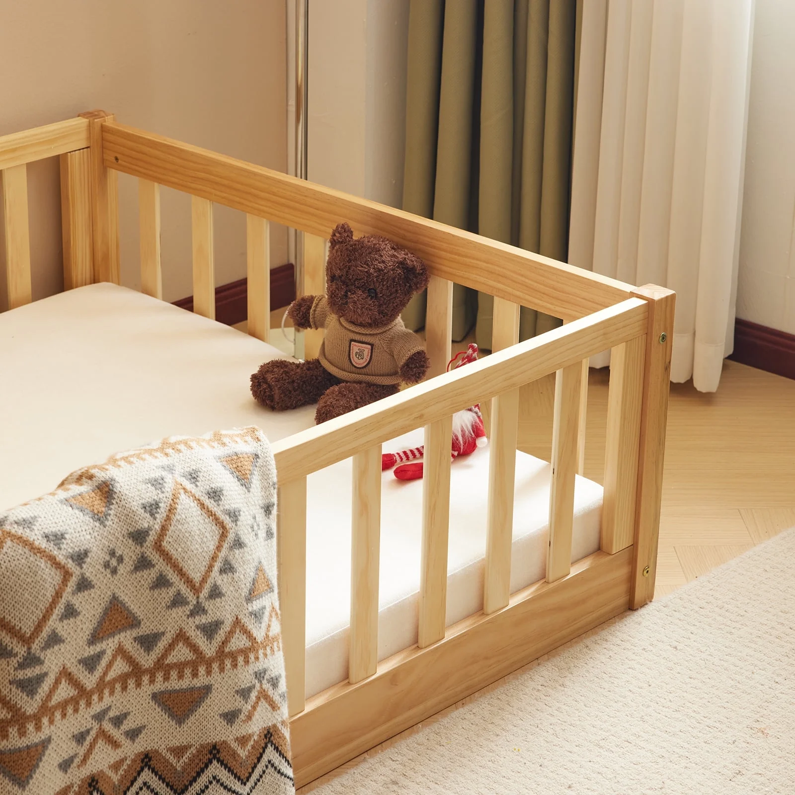 Zimtown Montessori Floor Bed Frame, Full Size Kids Toddler Bed with Fence and Door, Wooden Platform Bed, White - Image 13