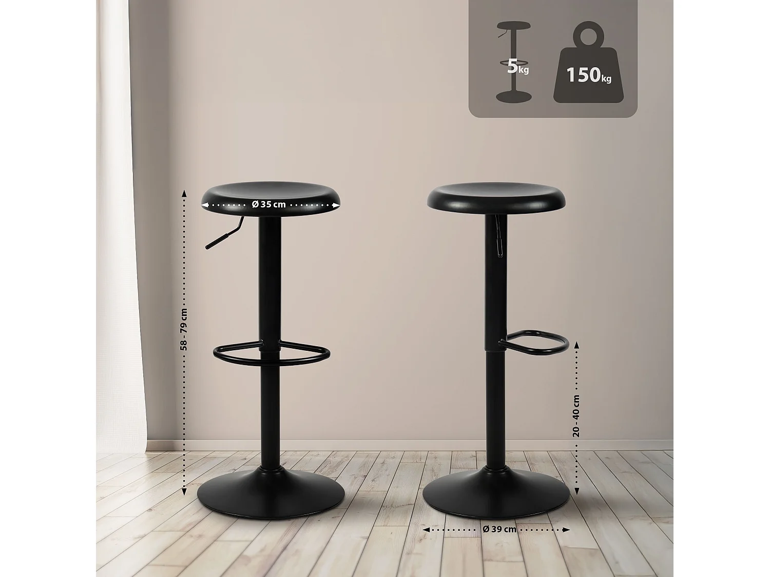 Lot de 2  Tabouret de bar - Métal - Noir - Williston
