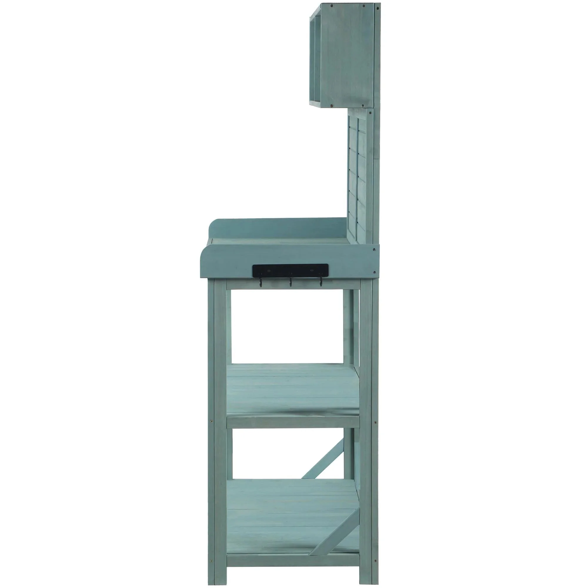 Wooden Outdoor Potting Bench Table With 4 Storage Shelves, Side Hook And Green Finish - Image 3 Wooden Outdoor Potting Bench Table With 4 Storage Shelves, Side Hook And Green Finish - Image 3