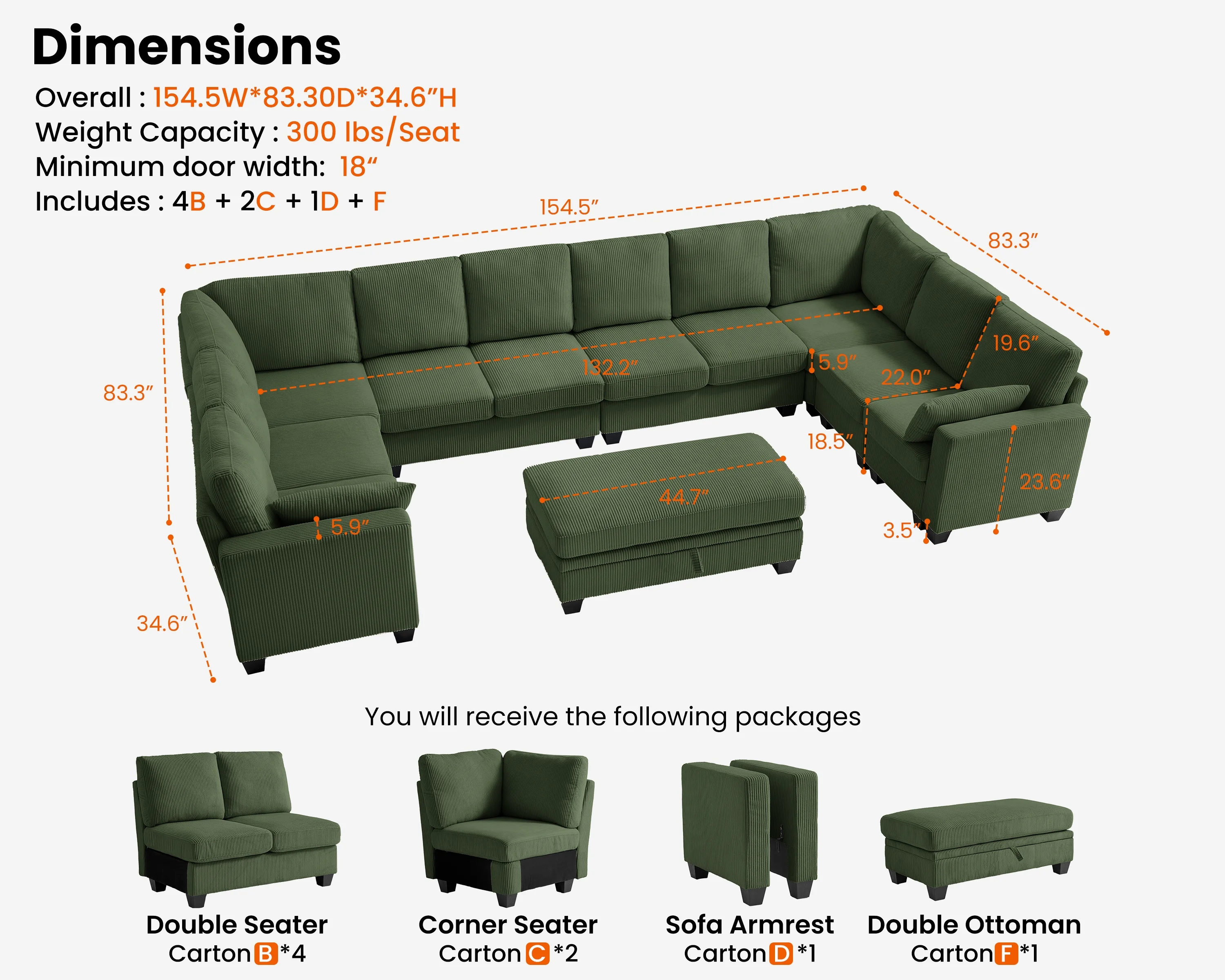 CHIC HOUSE 154.5" Sectional Sofa with Storage Ottoman Chaise, Corduroy U Shaped Sofa Convertible Sectional Couches for Living Room, 12 Seater Corner Modular Sofa with Deep Seat Throw Pillows, Green - Image 11