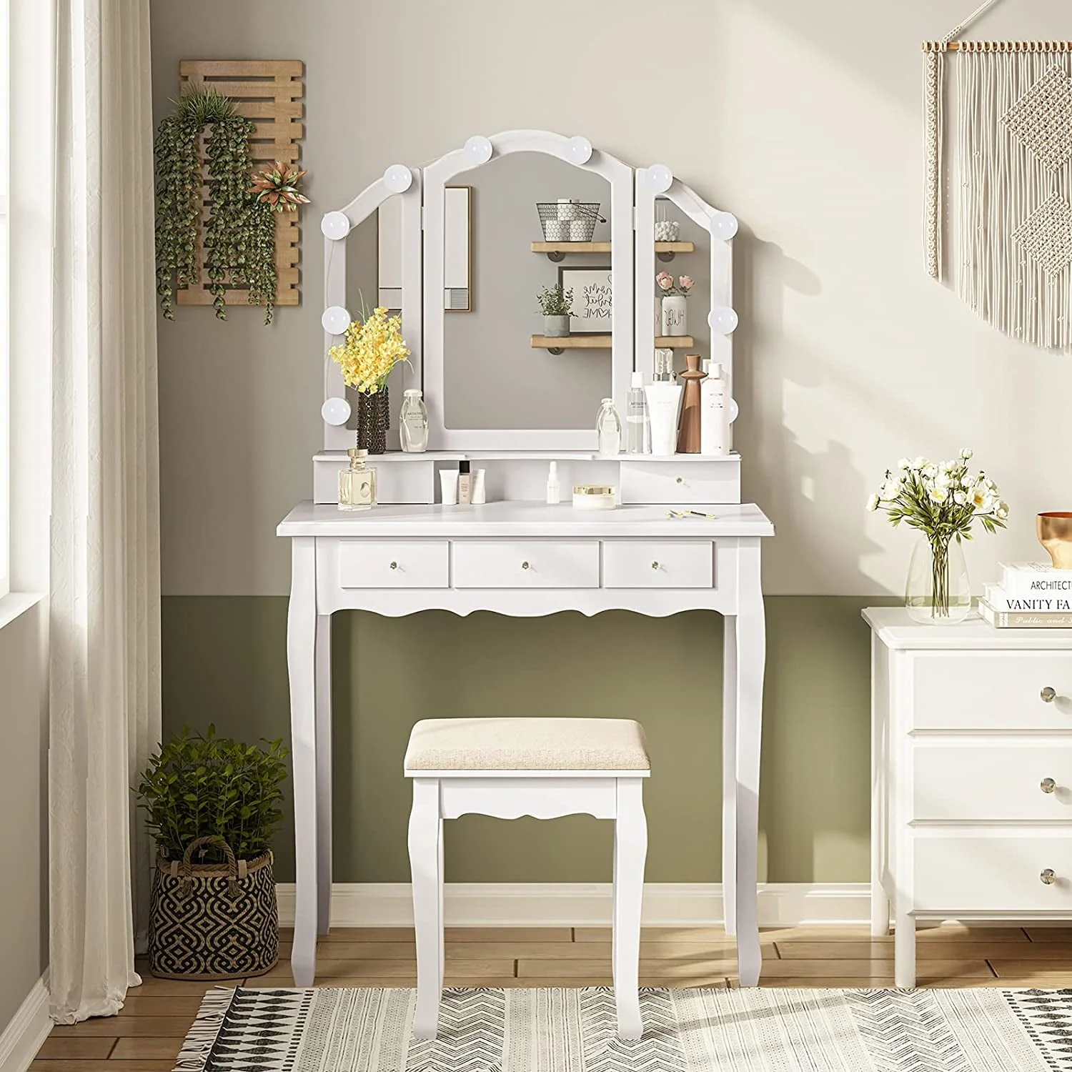 Makeup Vanity Set Desk Table with with Lights & Tri-Folding Mirror,Dressing Table with Cushion Stool & 5 Drawers, White - Image 5