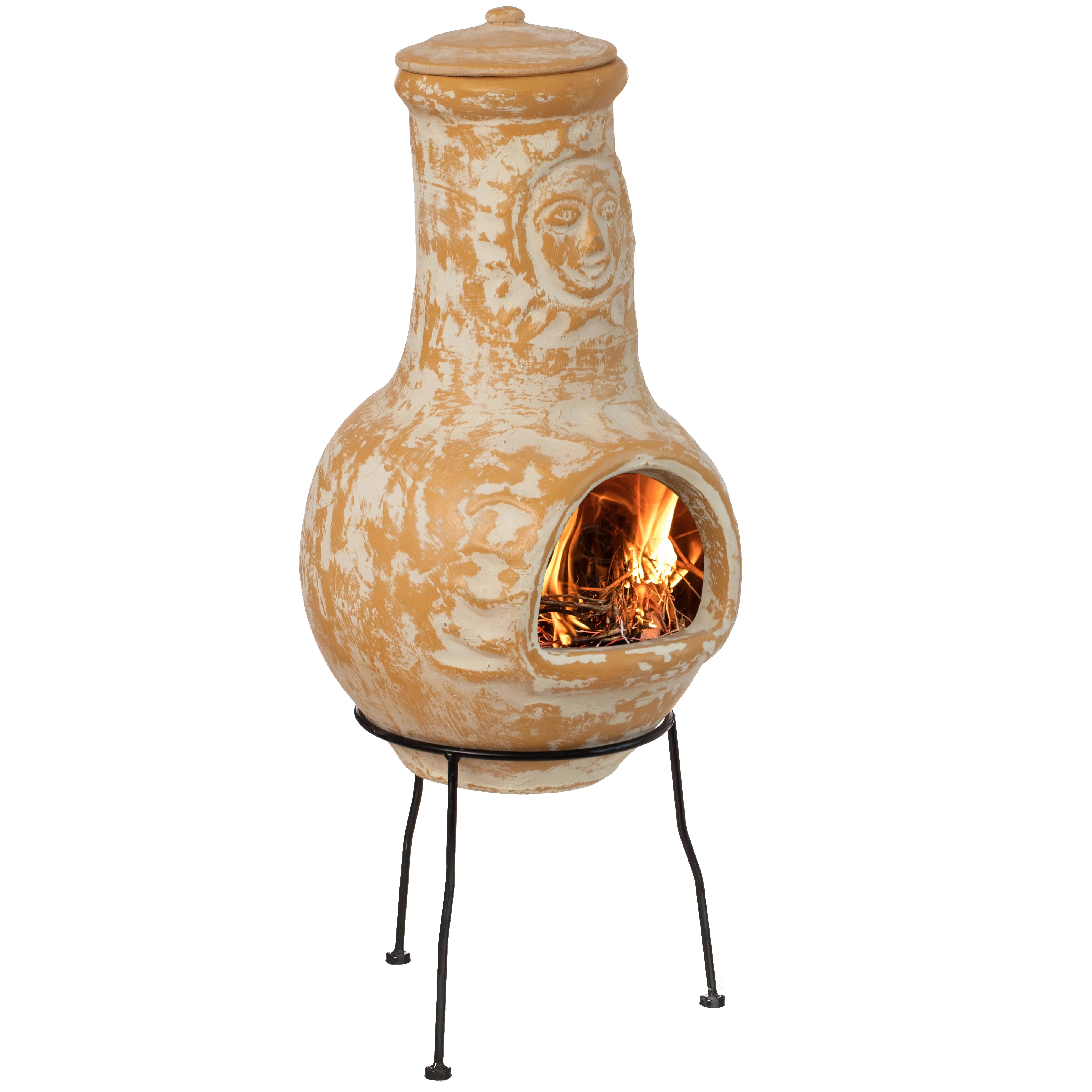Vintiquewise QI004631.TC Outdoor Clay Chiminea Fireplace Sun Design Wood Burning Fire Pit with Sturdy Metal Stand, Barbecue, Cocktail Party, Cozy Nights Fire Pit, Terra Cotta - Image 2